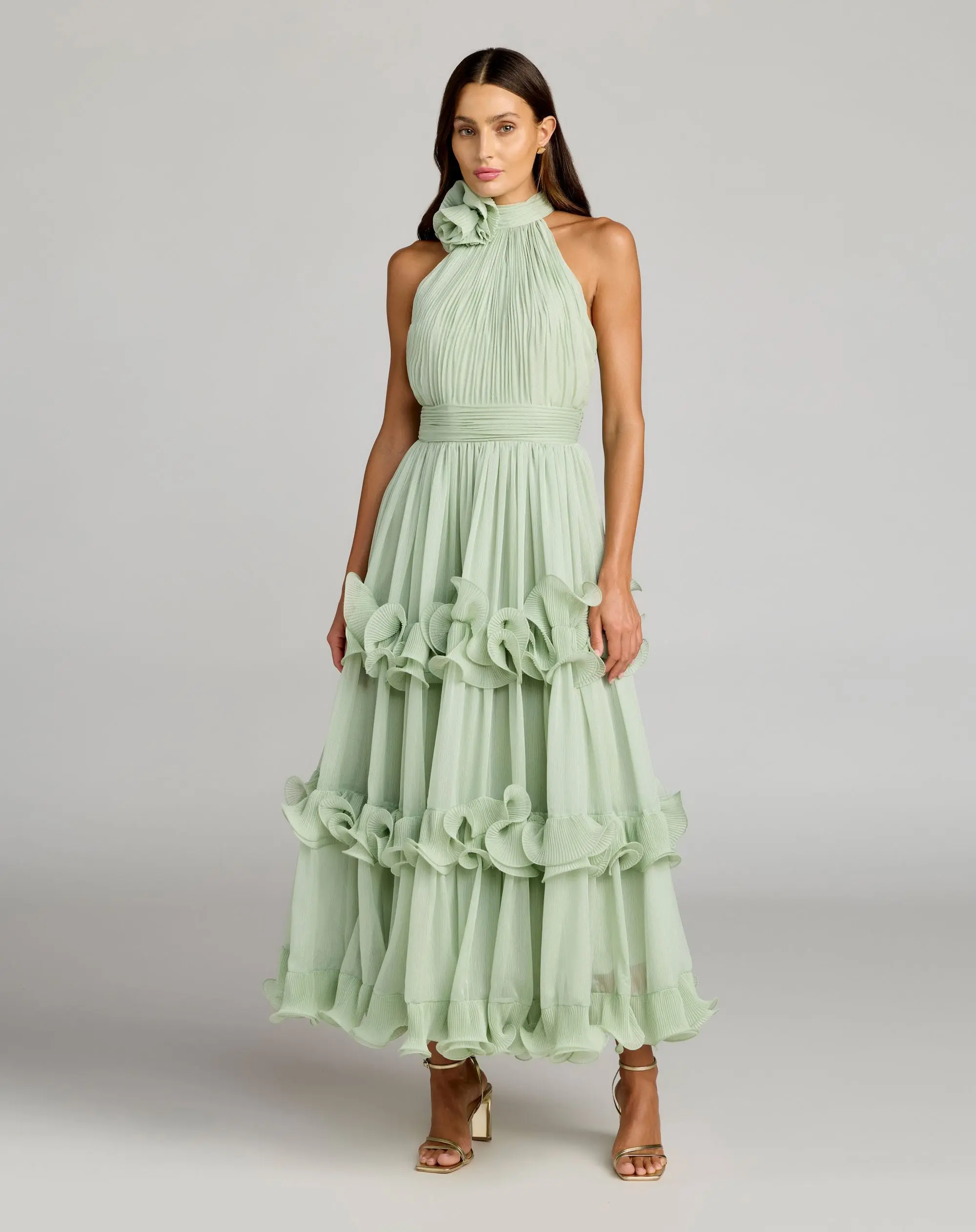 Green Sleeveless Chiffon Halter Neck Ruffle Midi Dress - Special Events Unlimited