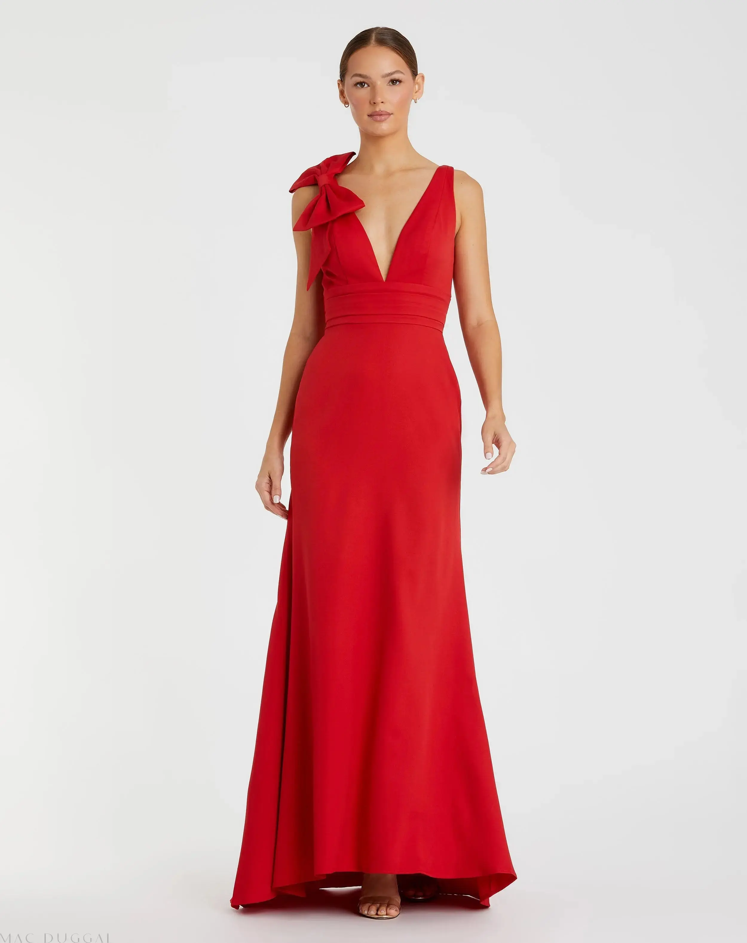 Red Sleeveless V Neck Bow Detail Mermaid Gown - Special Events Unlimited