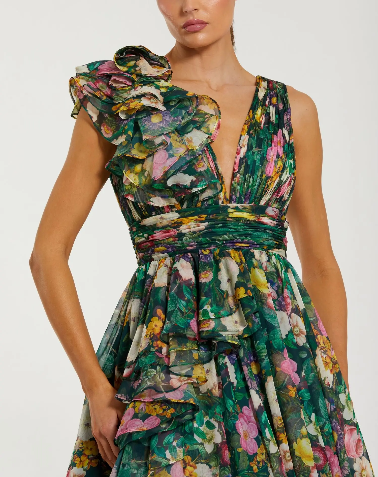 Green Sleeveless V-Neck Floral Chiffon Ruffle Ball Gown - Special Events Unlimited