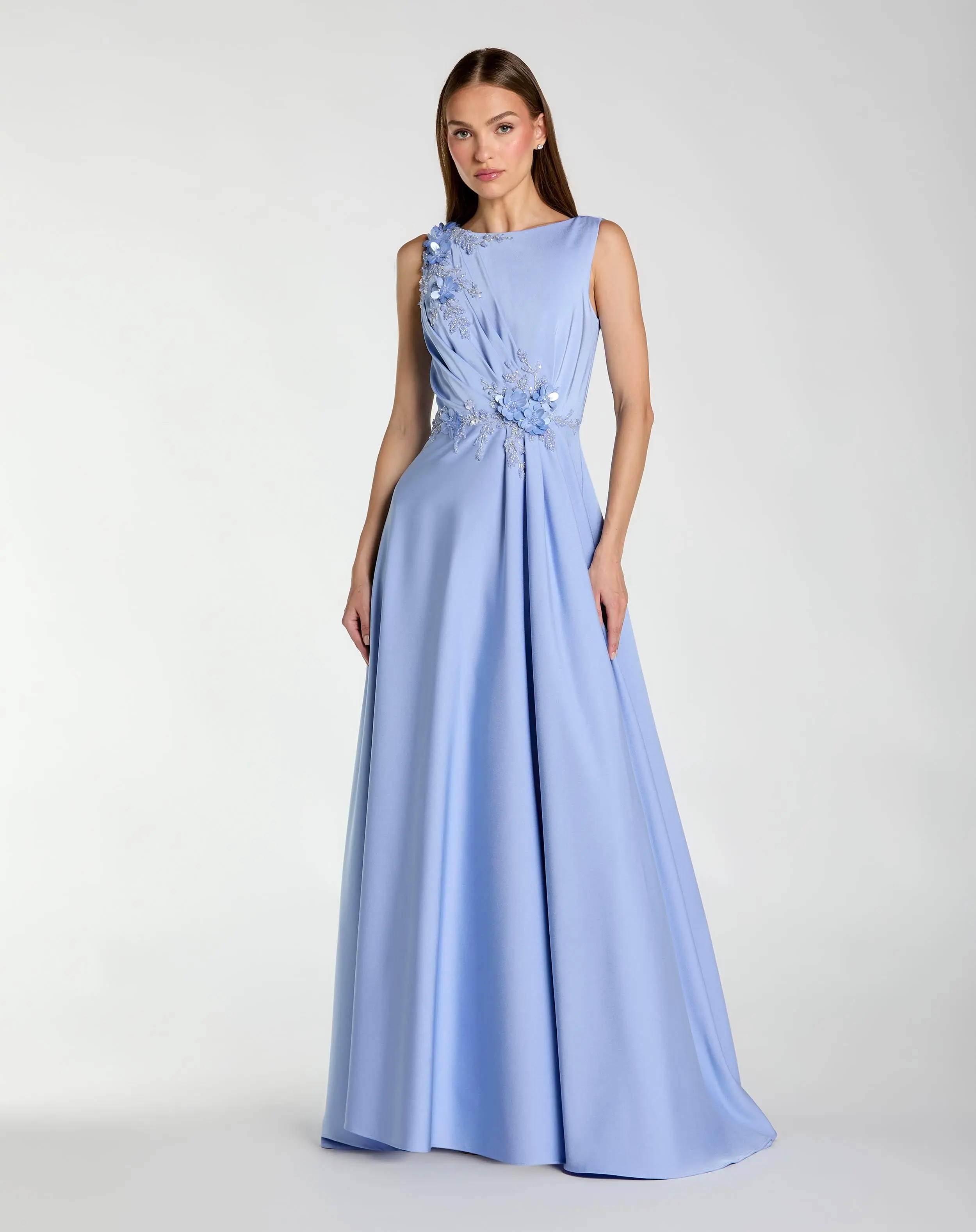 Blue Floral Applique Sleeveless A Line Gown - Special Events Unlimited