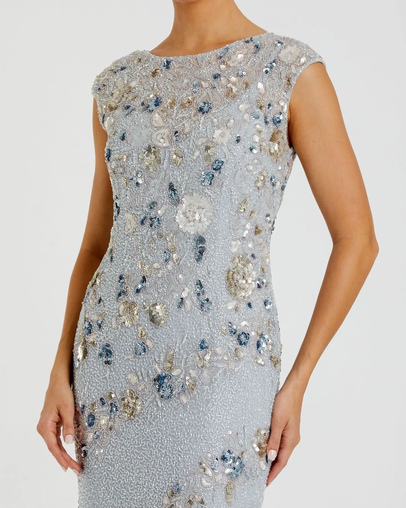 Light Blue Floral Embellished Cap Sleeve Column Gown - Special Events Unlimited