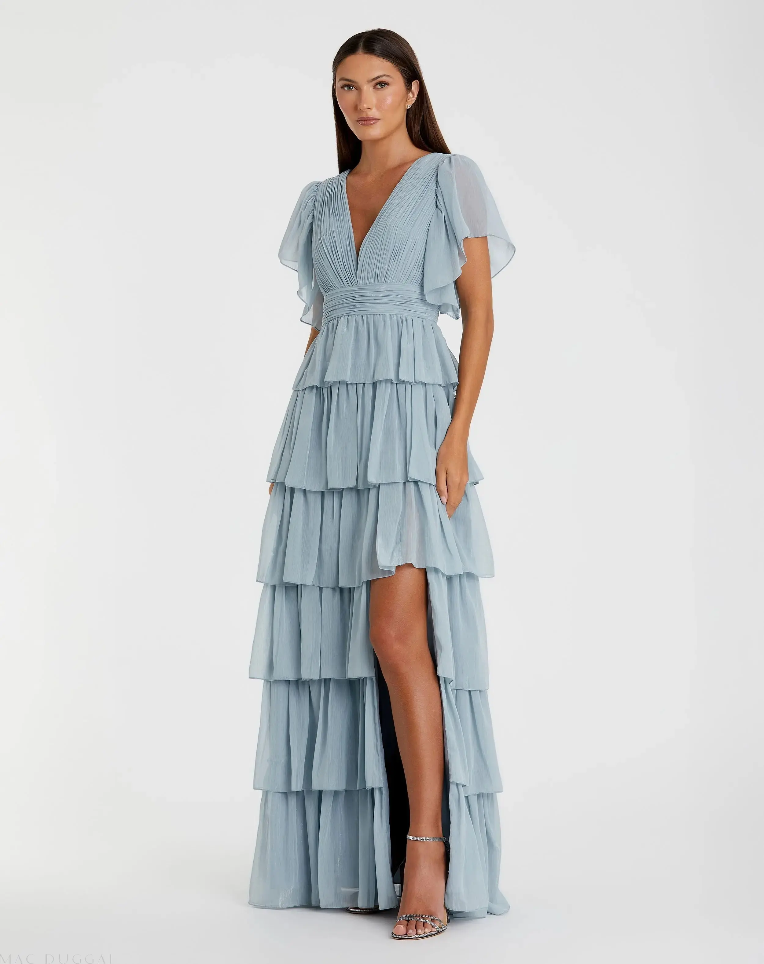 Blue Flutter Sleeve Ruffle Tiered Gown - Special Events Unlimited