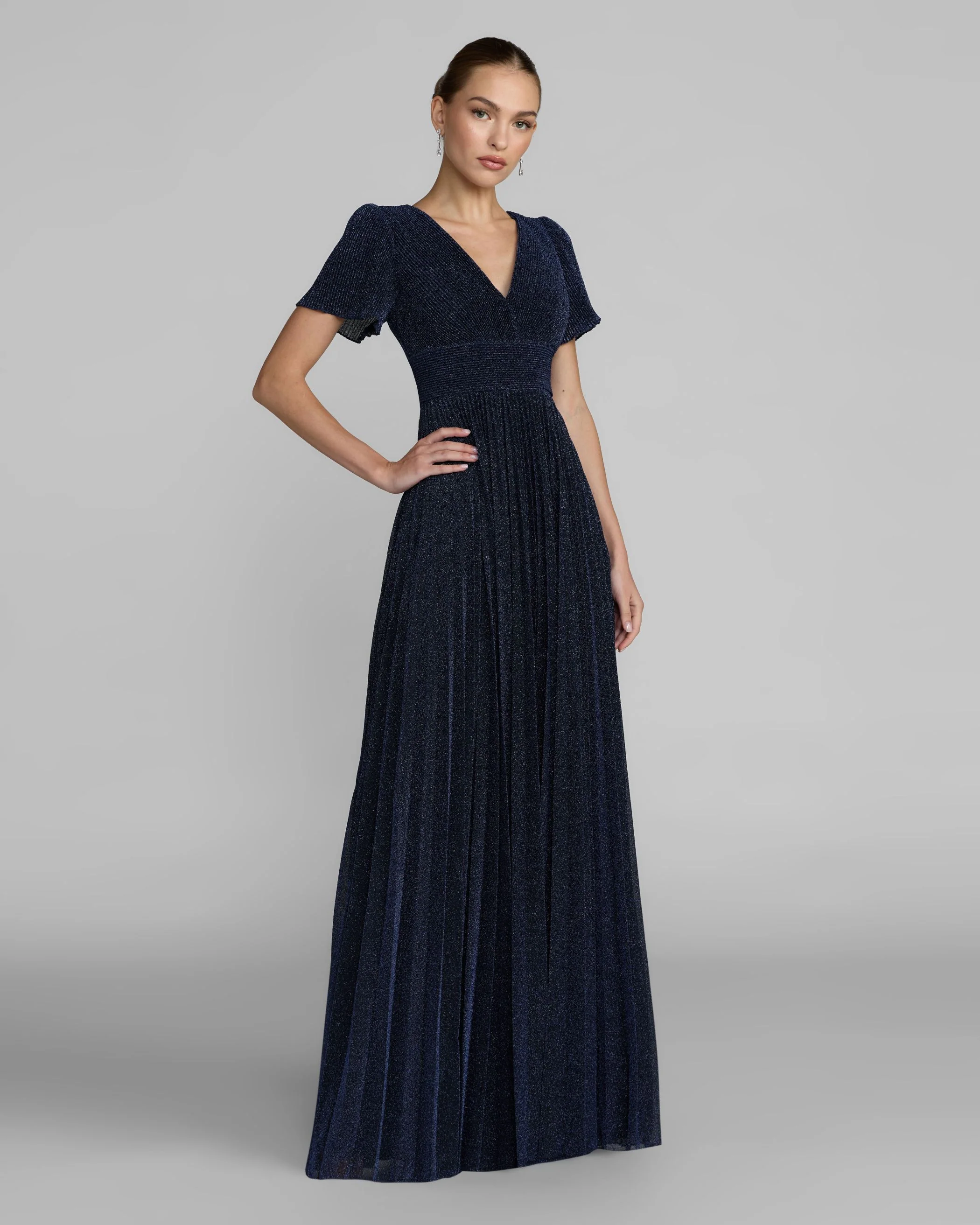 Navy Pleated Metallic Flutter Sleeve A Line Gown - Special Events Unlimited