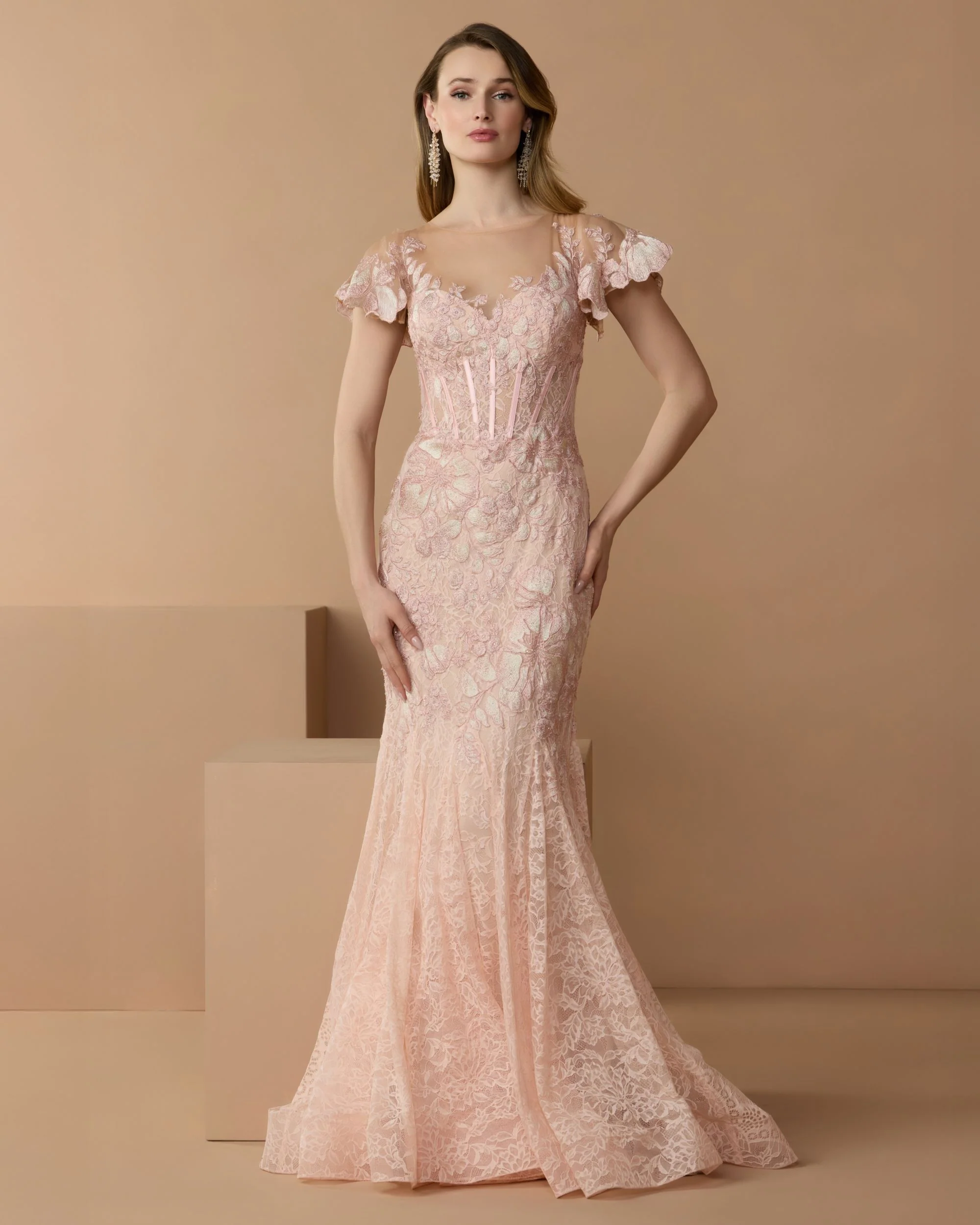 Pink Embroidered Lace Flutter Sleeve Mermaid Gown - Special Events Unlimited