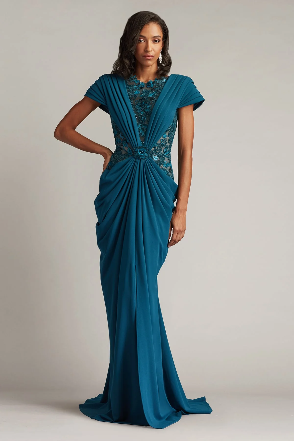 Julina Draped Overlay Embroidered Gown - Special Events Unlimited
