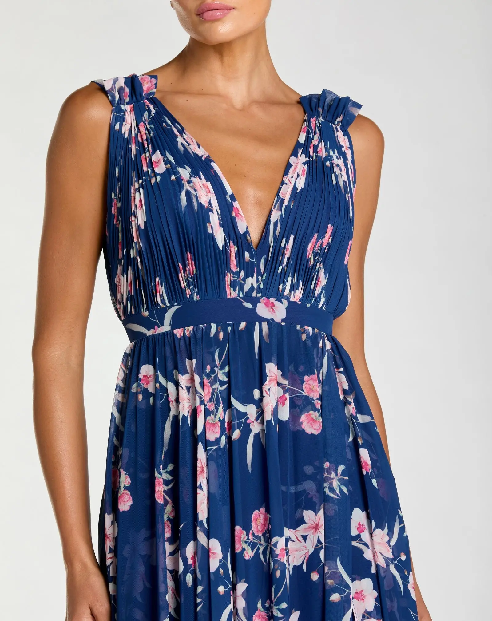 Dark Blue Sleeveless Pleated Floral Print Chiffon V-Neck Gown - Special Events Unlimited