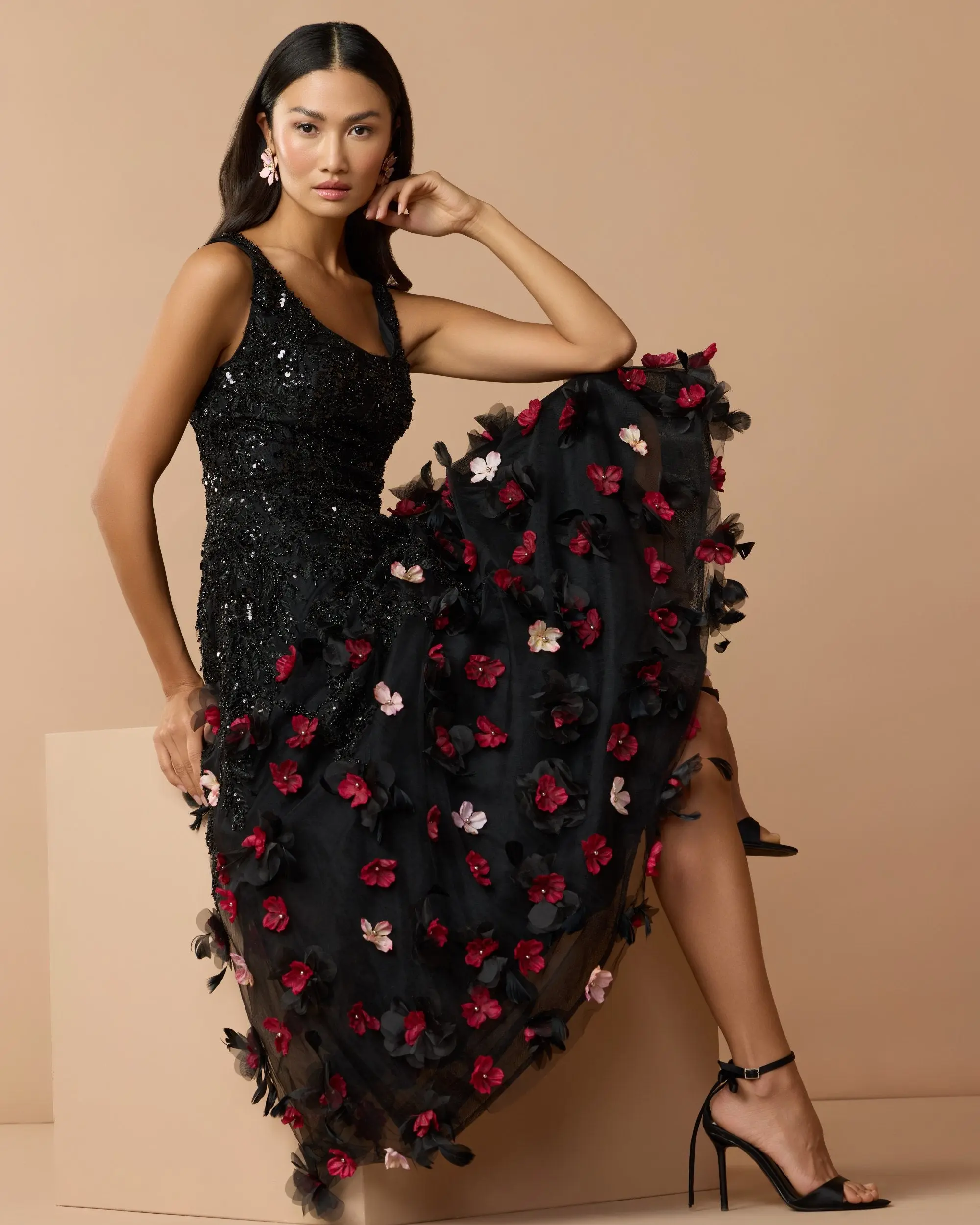 Black Sleeveless Beaded Midi Dress With 3D Flowers - Special Events Unlimited