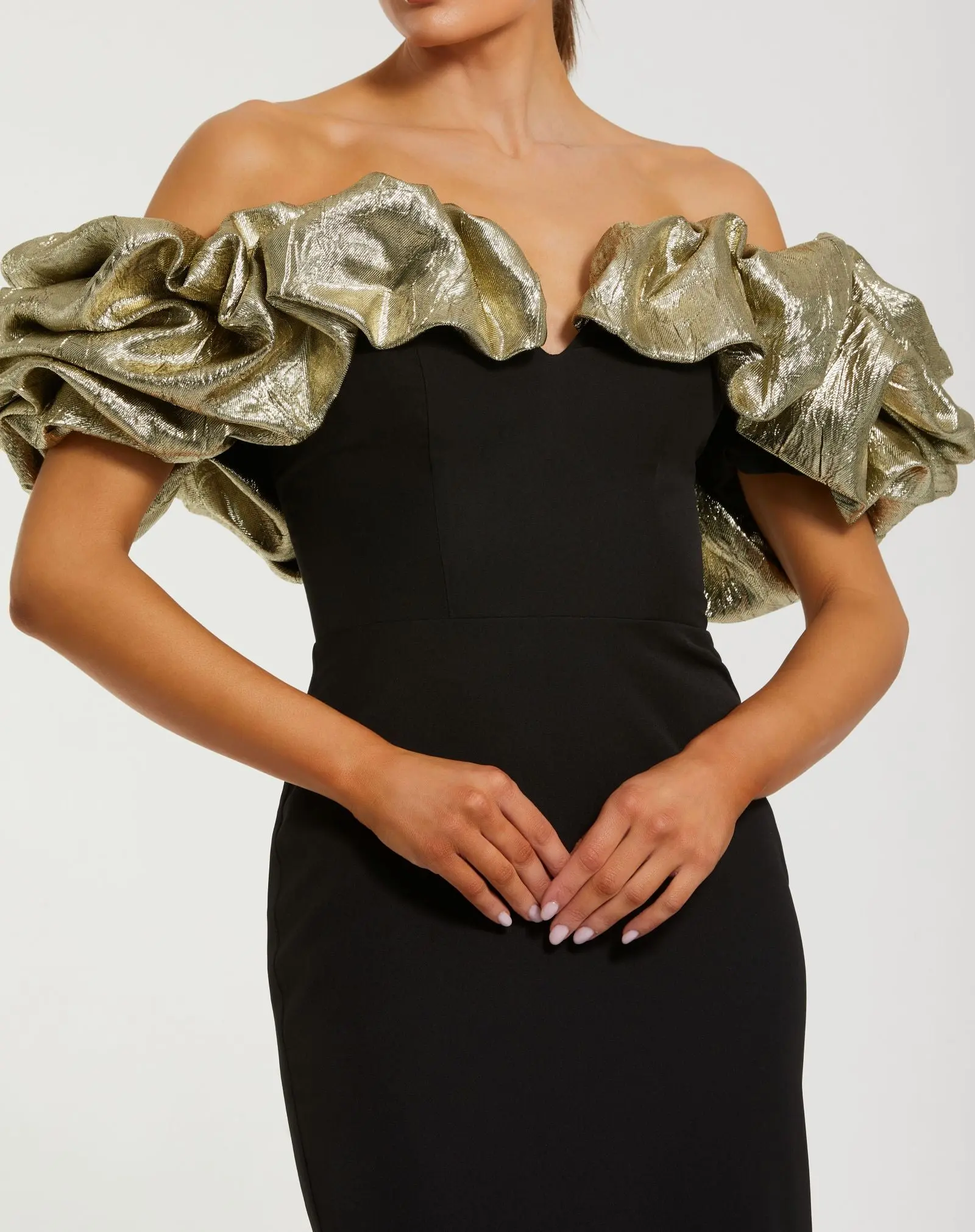 Black Mermaid Gown With Off The Shoulder Ruffle Detail - Special Events Unlimited