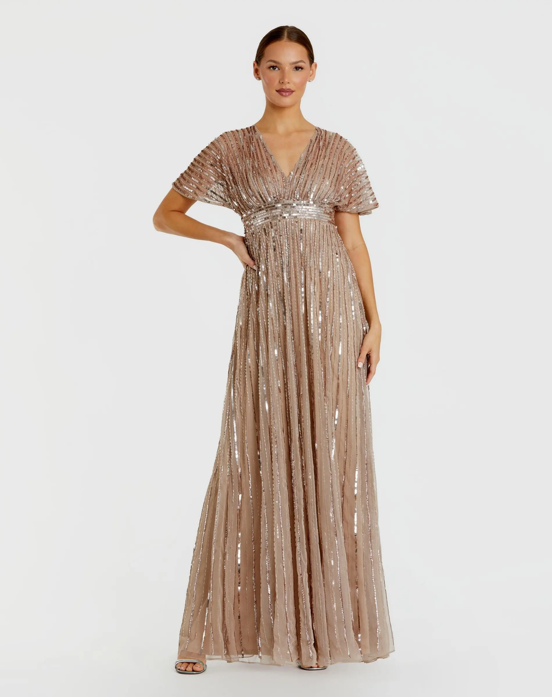 Beige Embellished Short Sleeve Empire Waist Gown - Special Events Unlimited