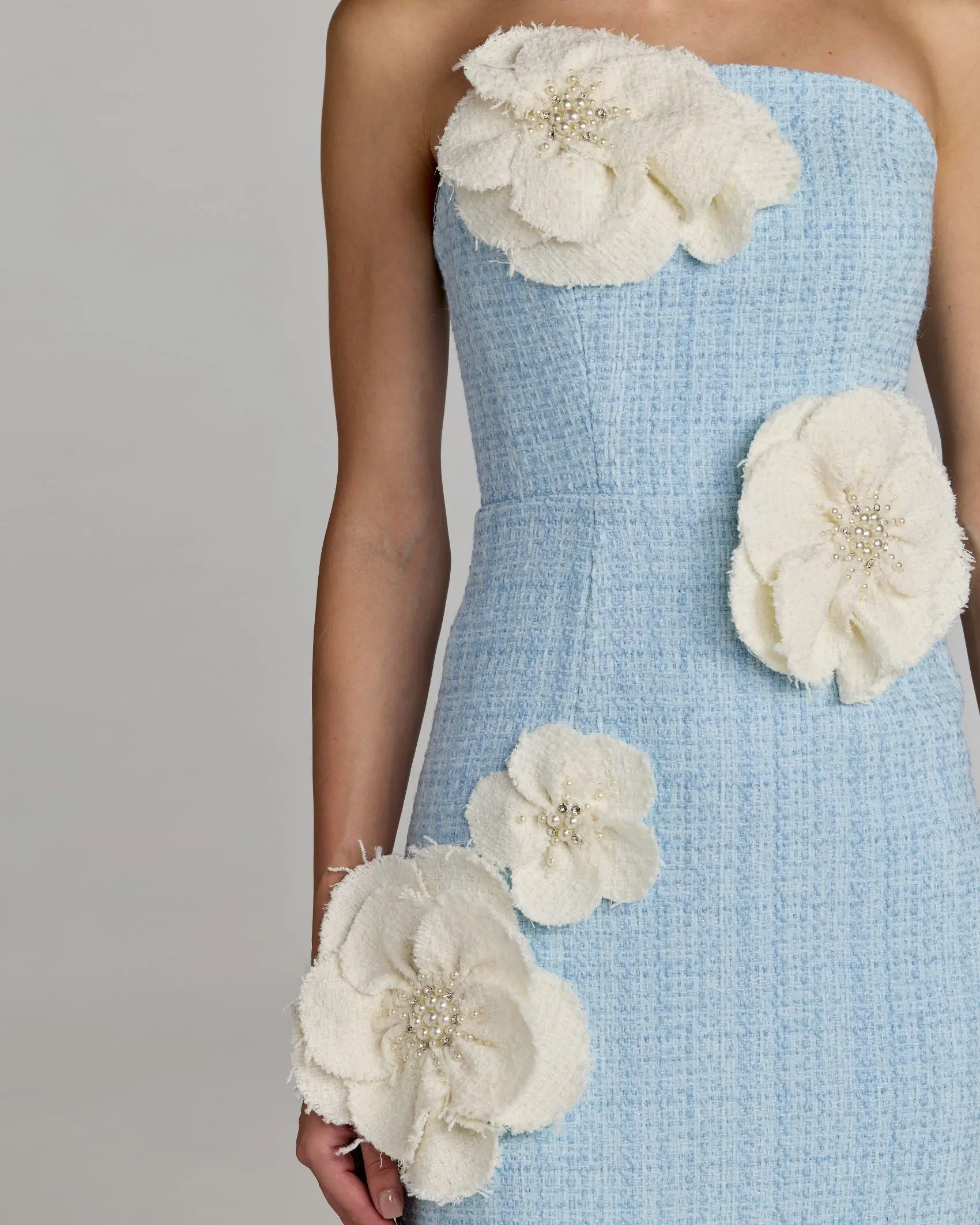 Blue Boucle Strapless 3D Floral Midi Dress - Special Events Unlimited