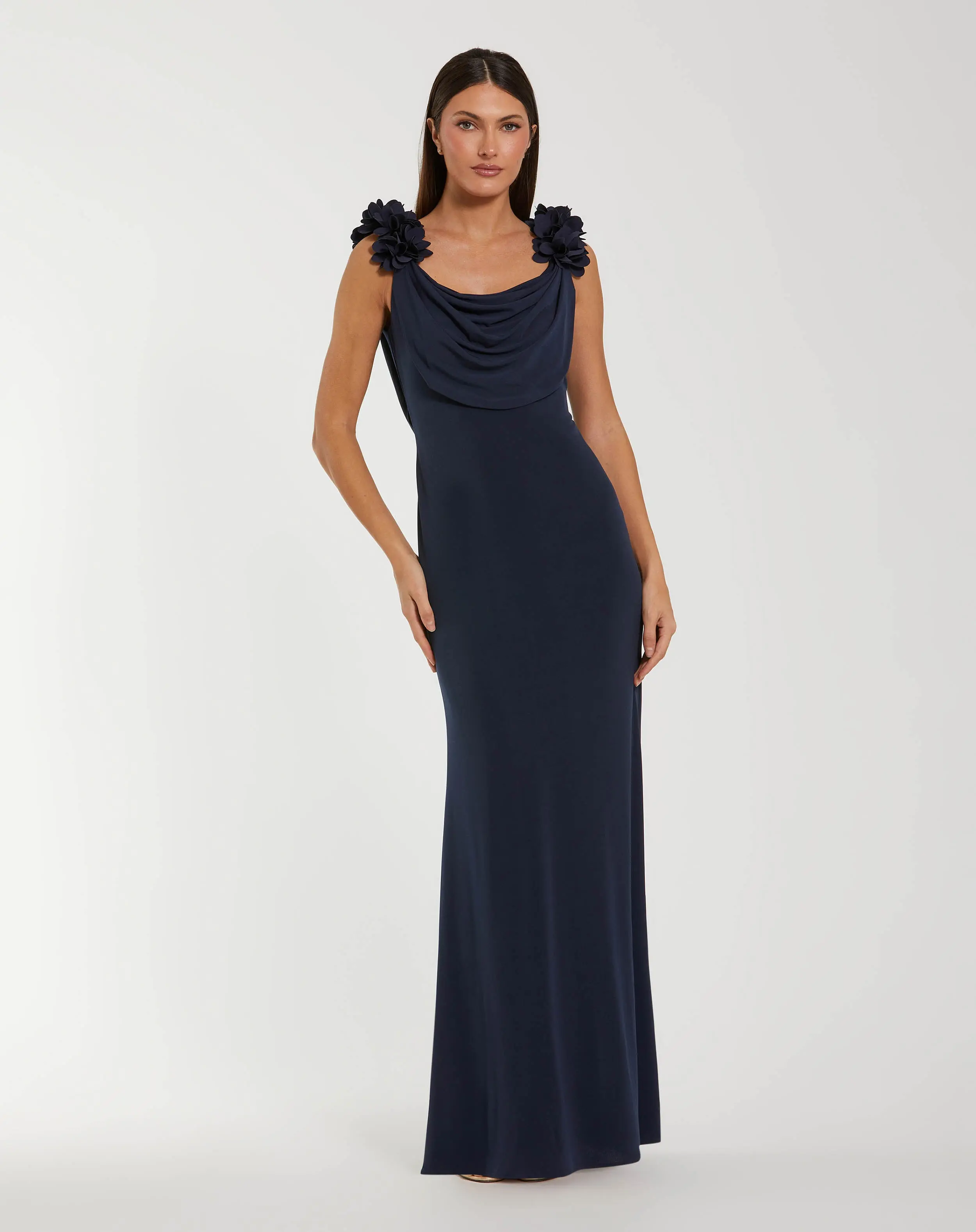 Navy Cowl Neck Jersey Gown With 3D Flower Straps - Special Events Unlimited