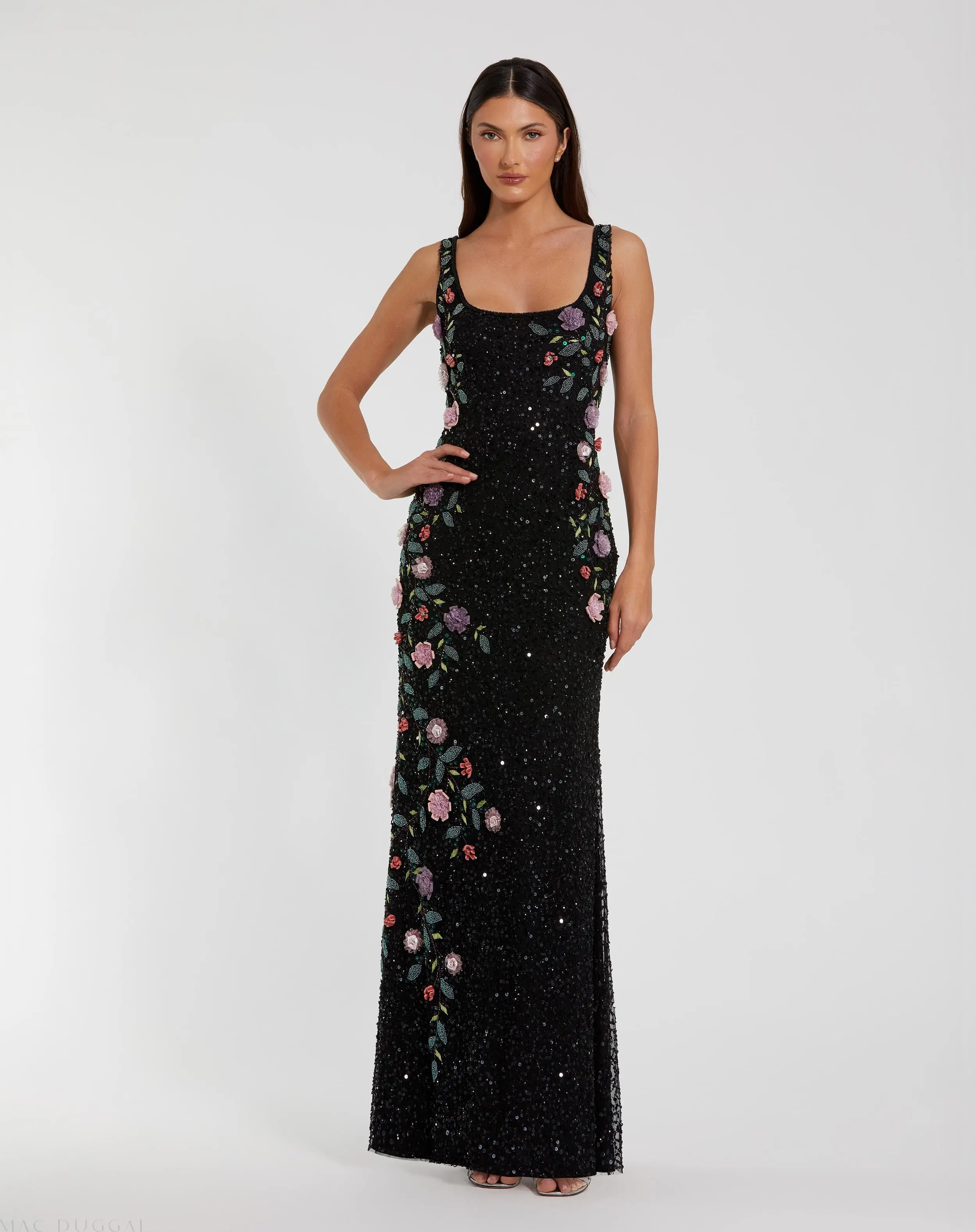 Black Floral Beaded Mesh Scoop Neck Sleeveless Gown - Special Events Unlimited