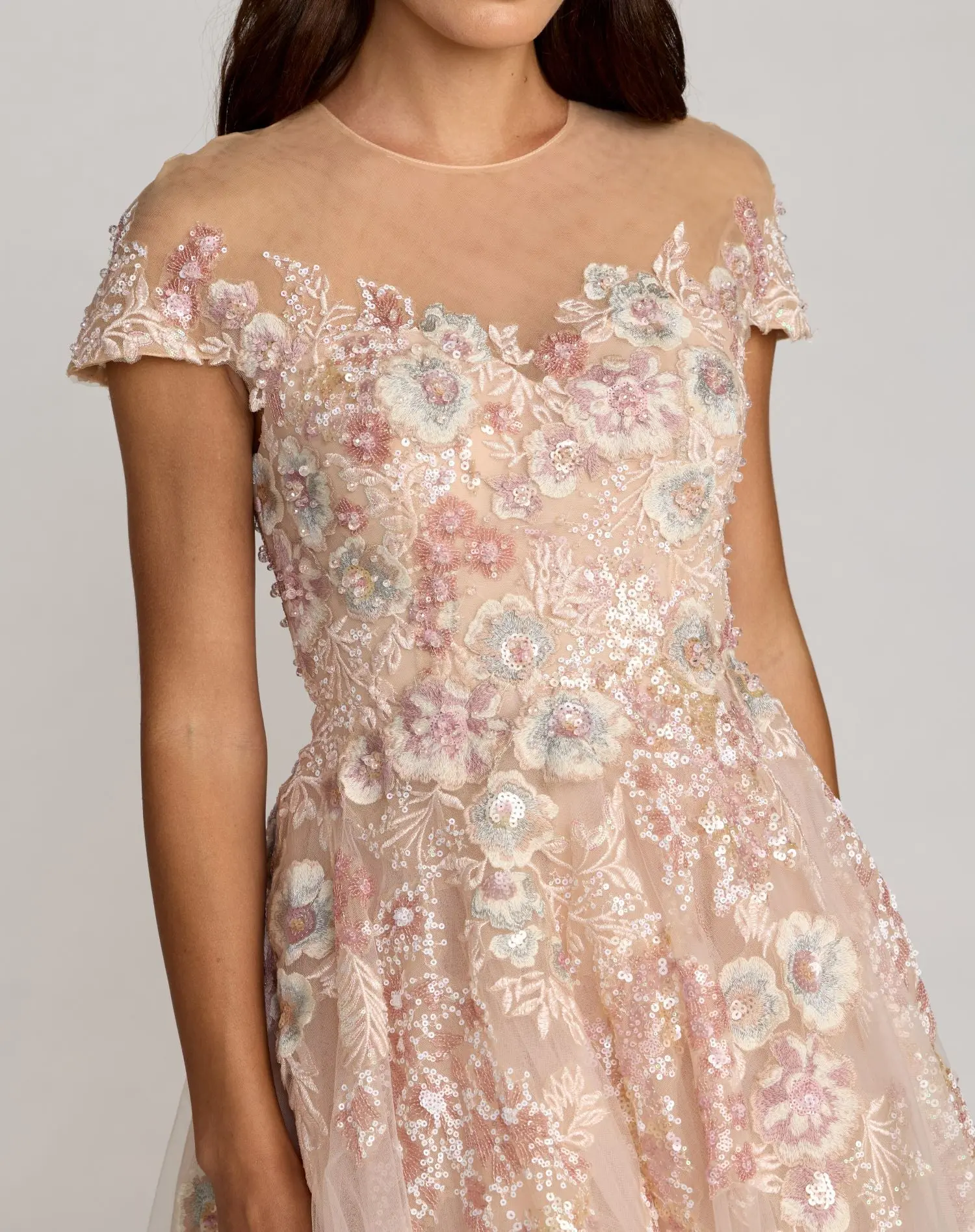 Pink Embroidered Tulle High Neck Cap Sleeve Dress - Special Events Unlimited