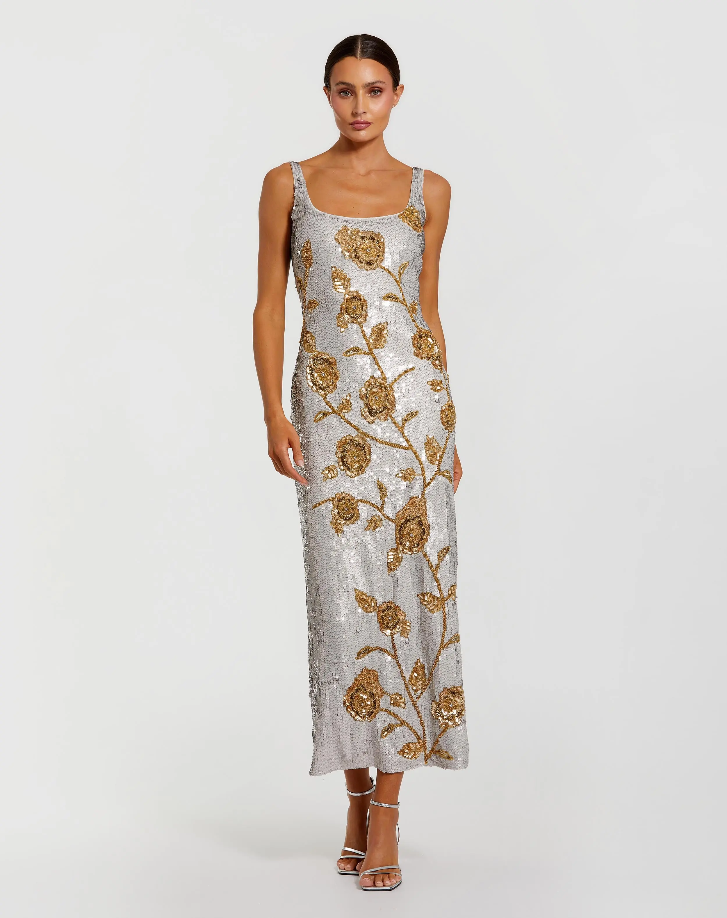Silver Sleeveless Sequin Dress With Gold Floral Detail - Special Events Unlimited