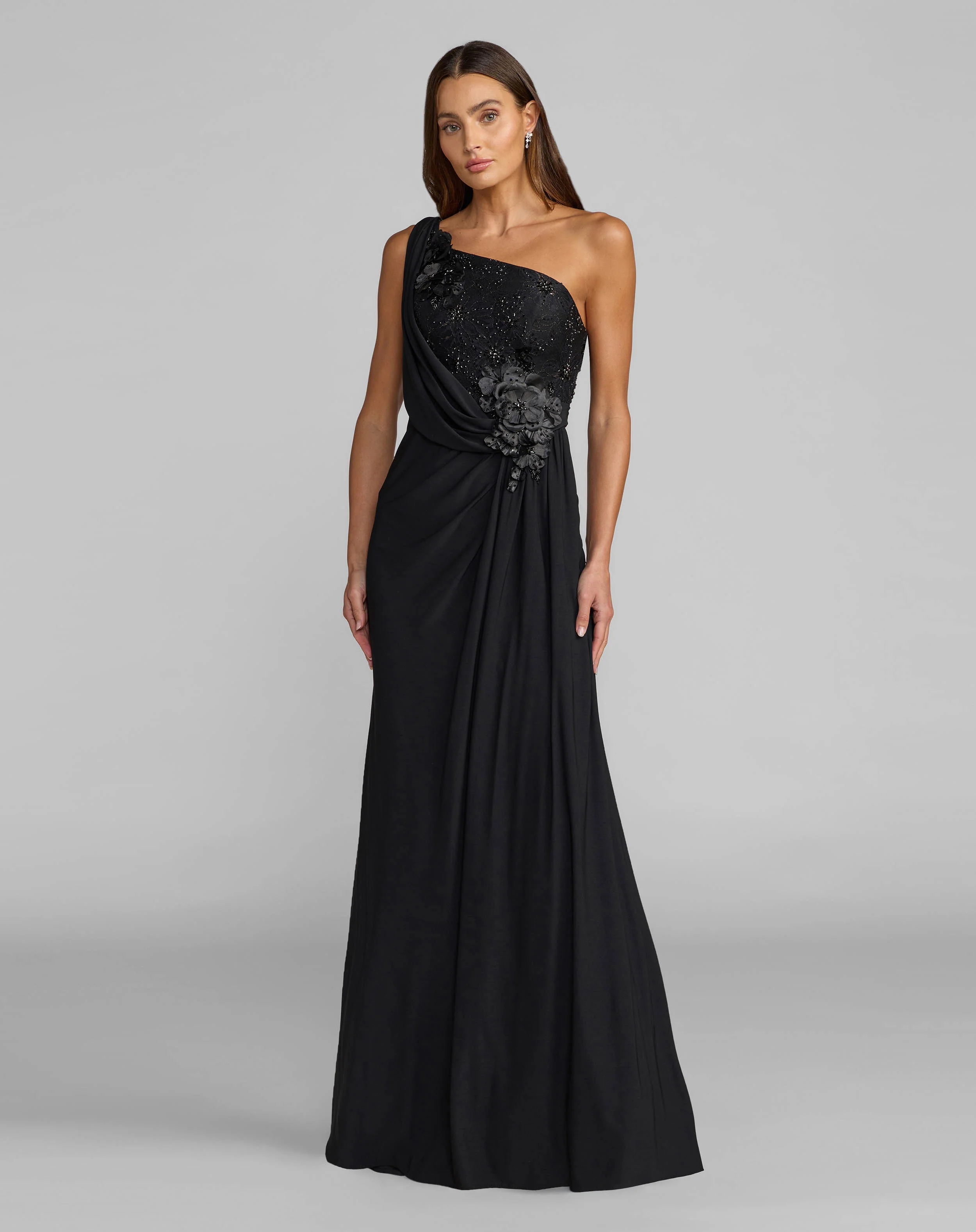 Black One Shoulder Draped Jersey Gown With 3D Flowers - Special Events Unlimited