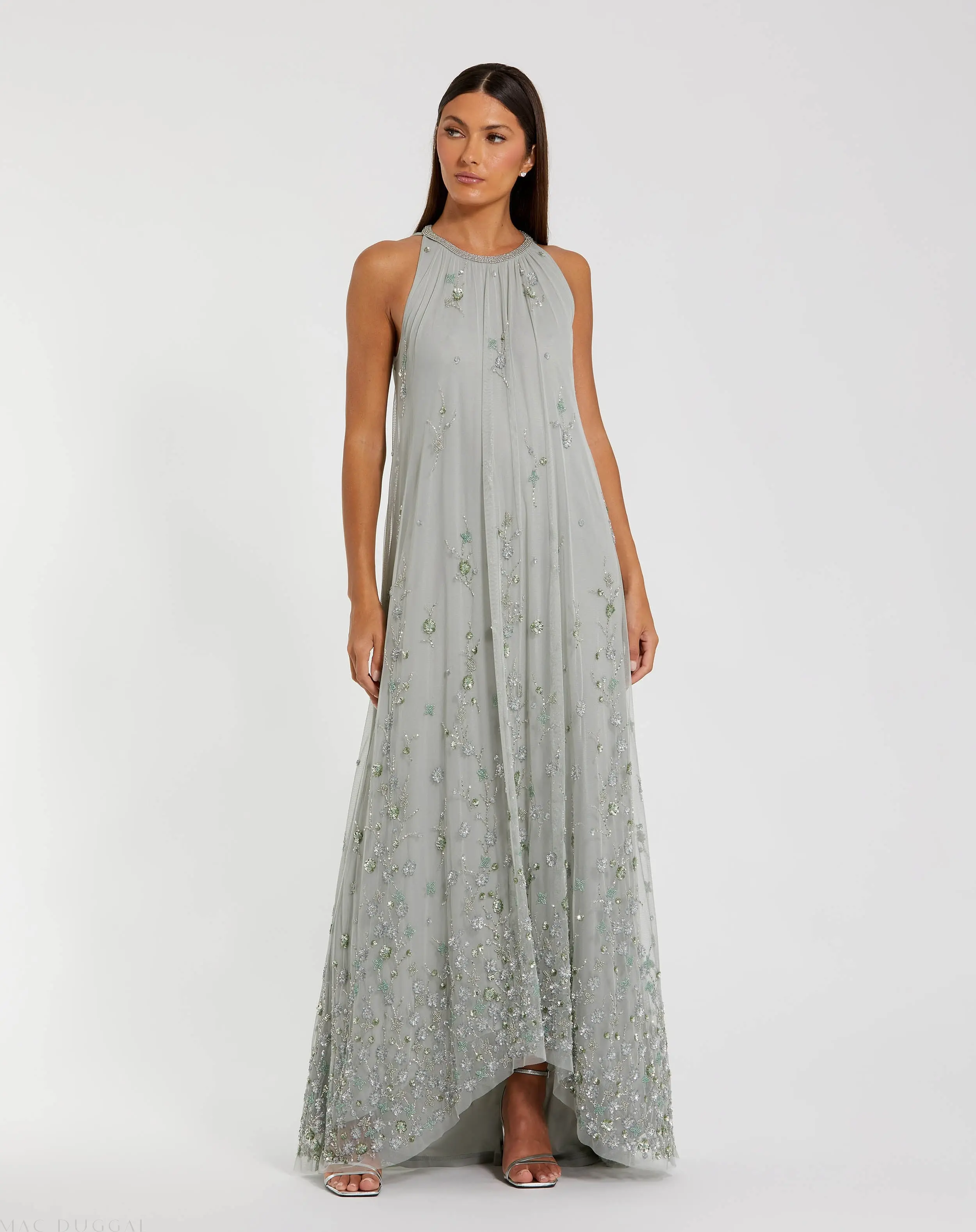 Green High Neck Floral Embellished Trapeze Gown - Special Events Unlimited