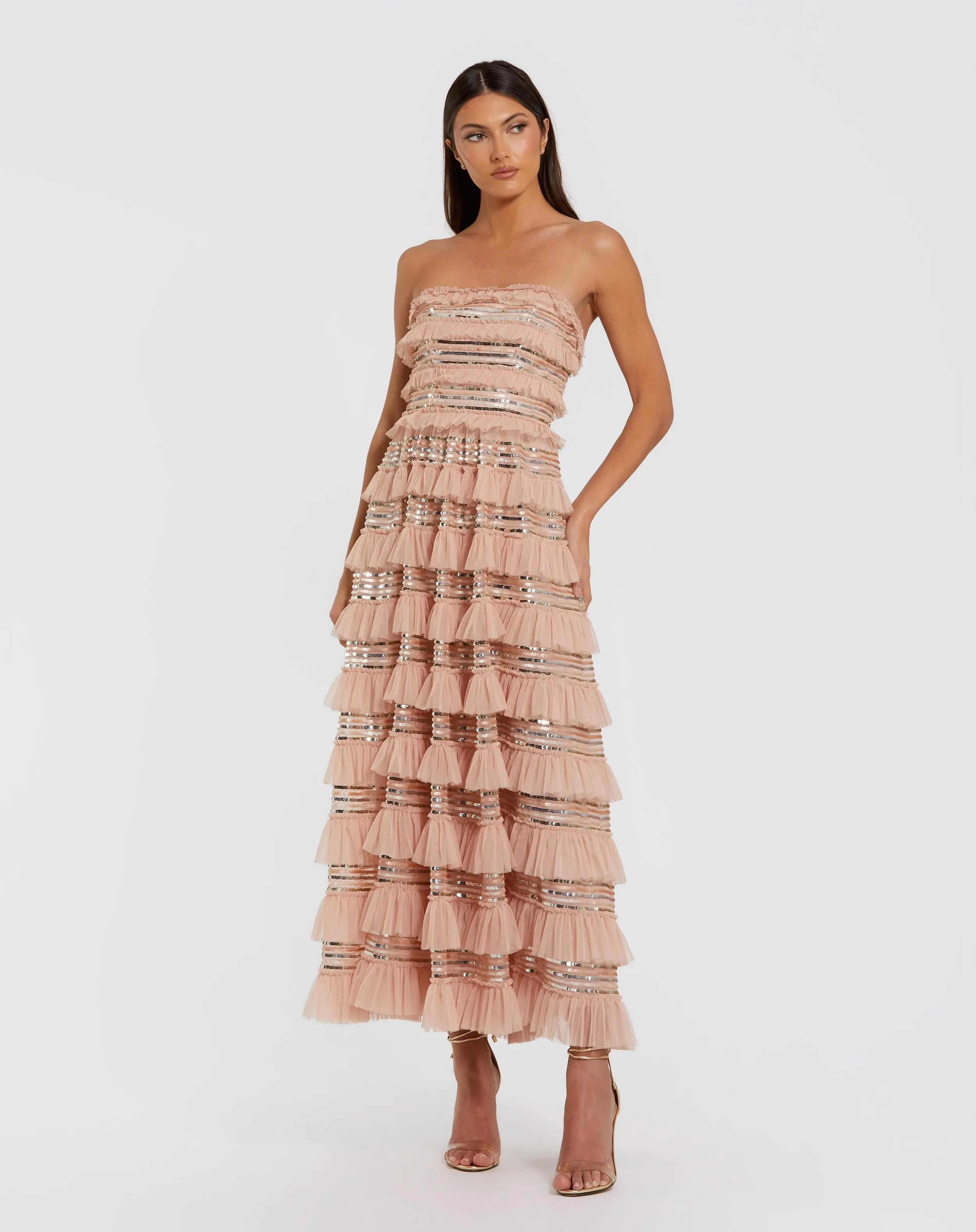 Pink Strapless Sequin Micro Ruffle Maxi Dress - Special Events Unlimited