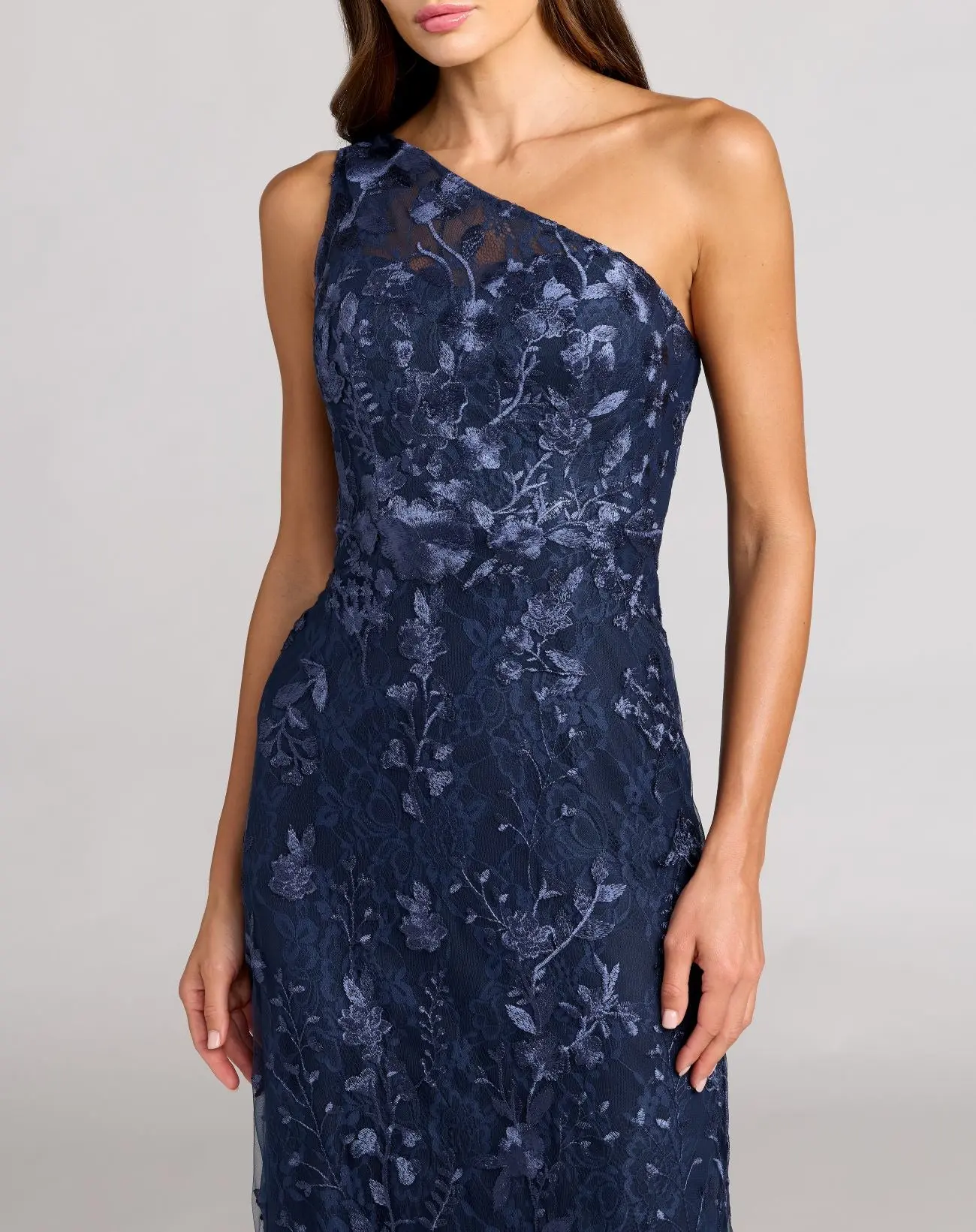 Navy One Shoulder Floral Embroidered Gown - Special Events Unlimited