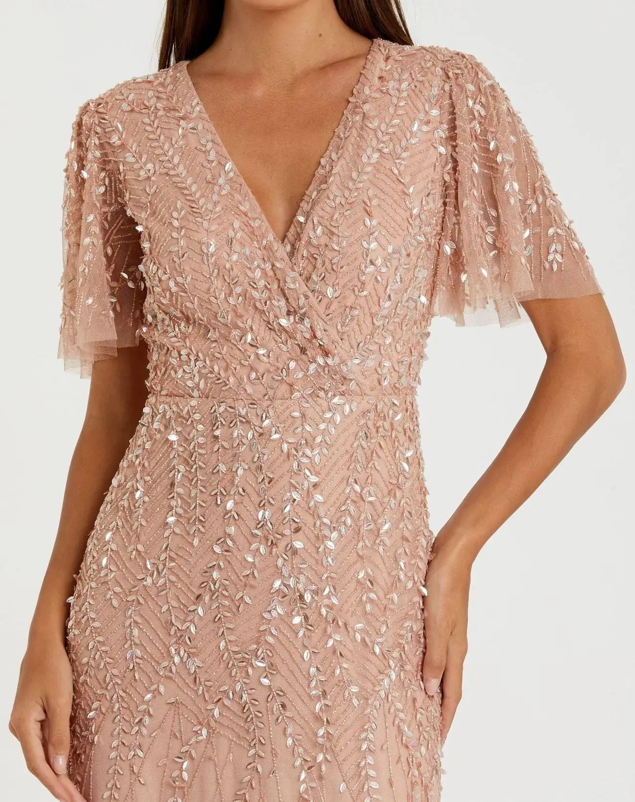 Petite Pink Embellished Flutter Sleeve Gown - Special Events Unlimited