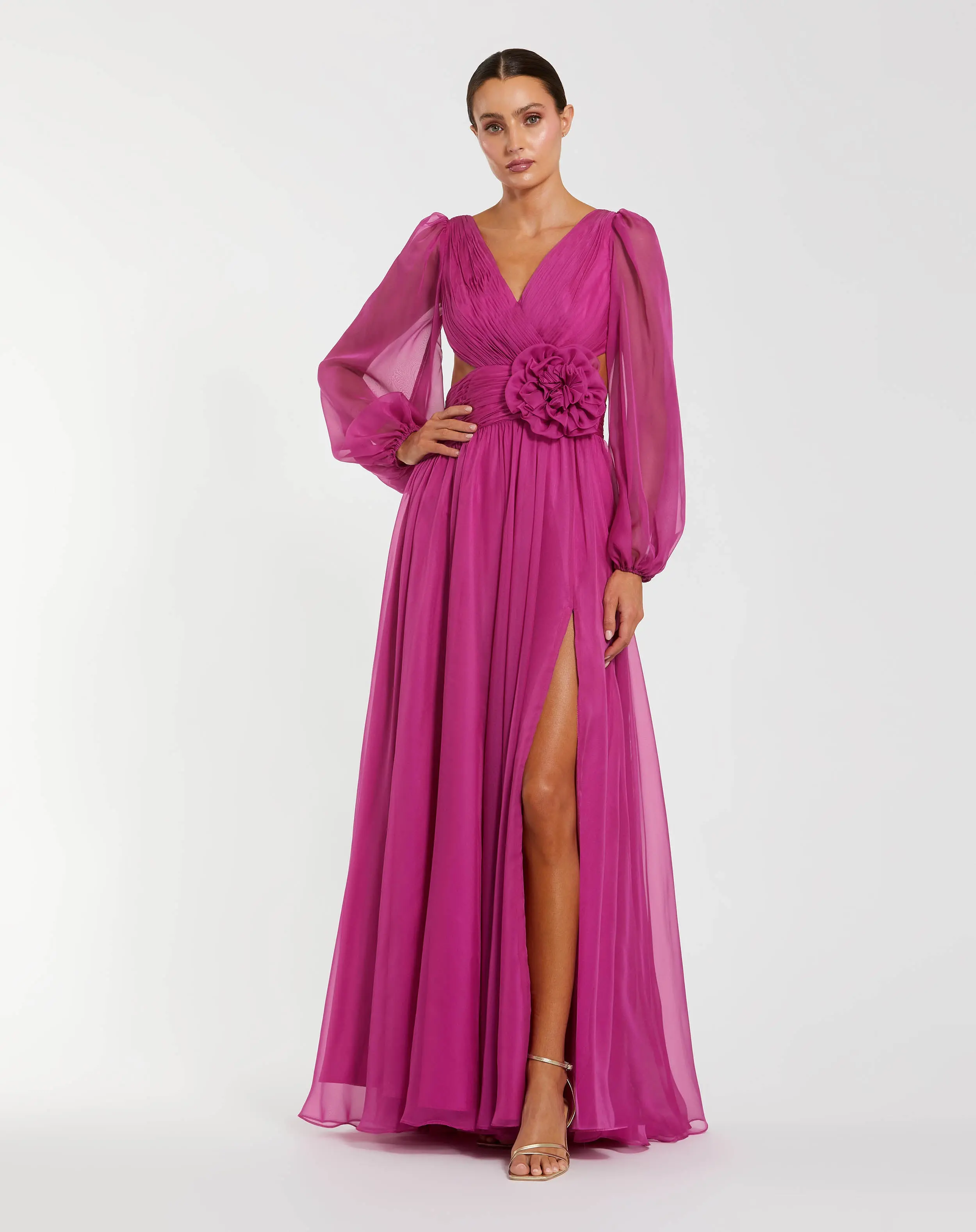 Pink Long Sleeve V-Neck Chiffon Gown With 3D Flower - Special Events Unlimited