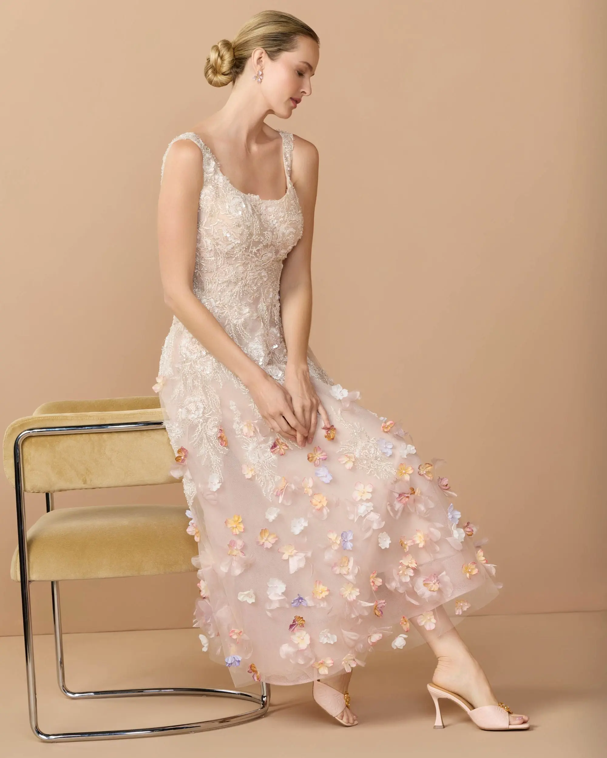 Pink Sleeveless Beaded Midi Dress With 3D Flowers - Special Events Unlimited