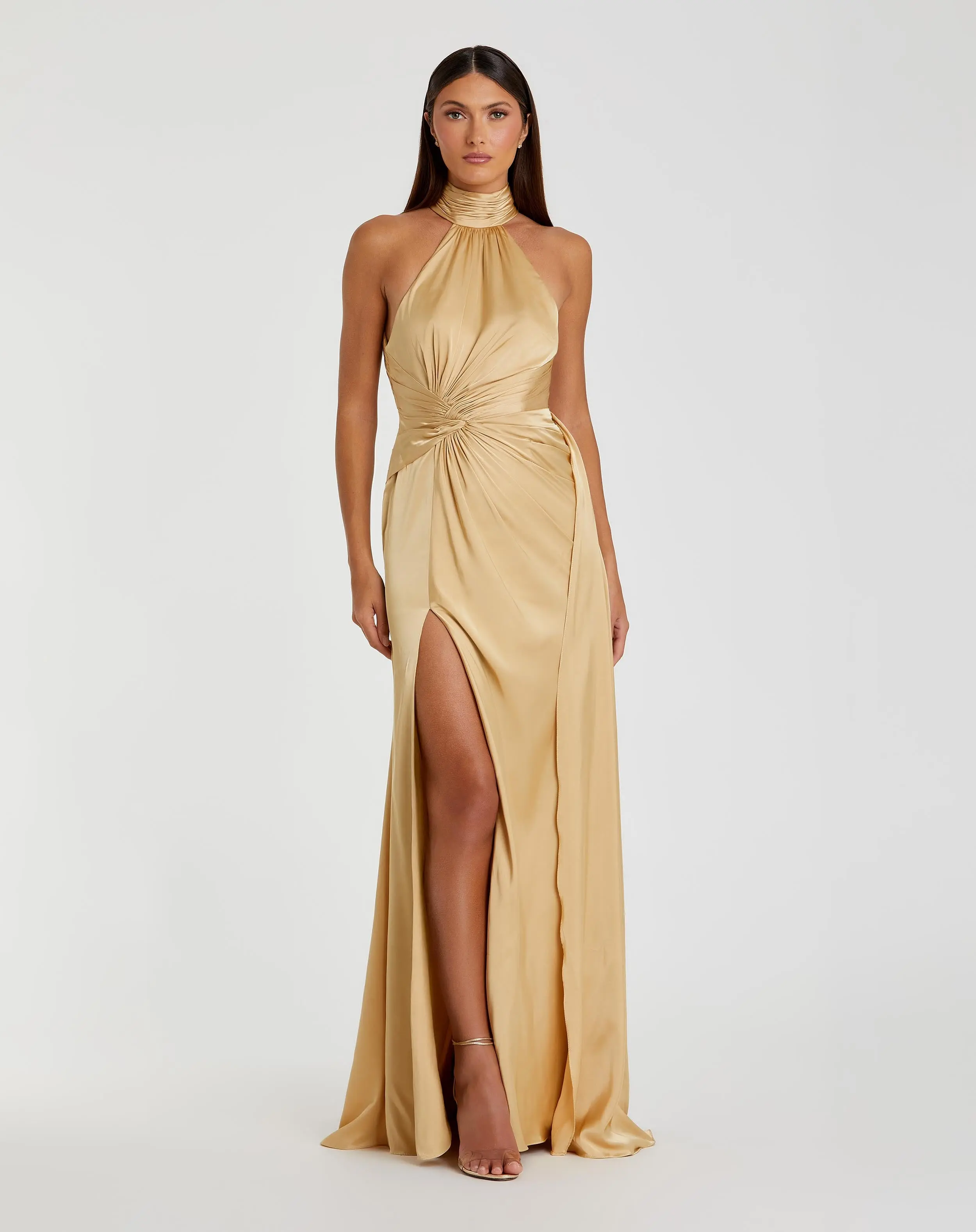 Gold Sleeveless Open Back Satin Gown - Special Events Unlimited