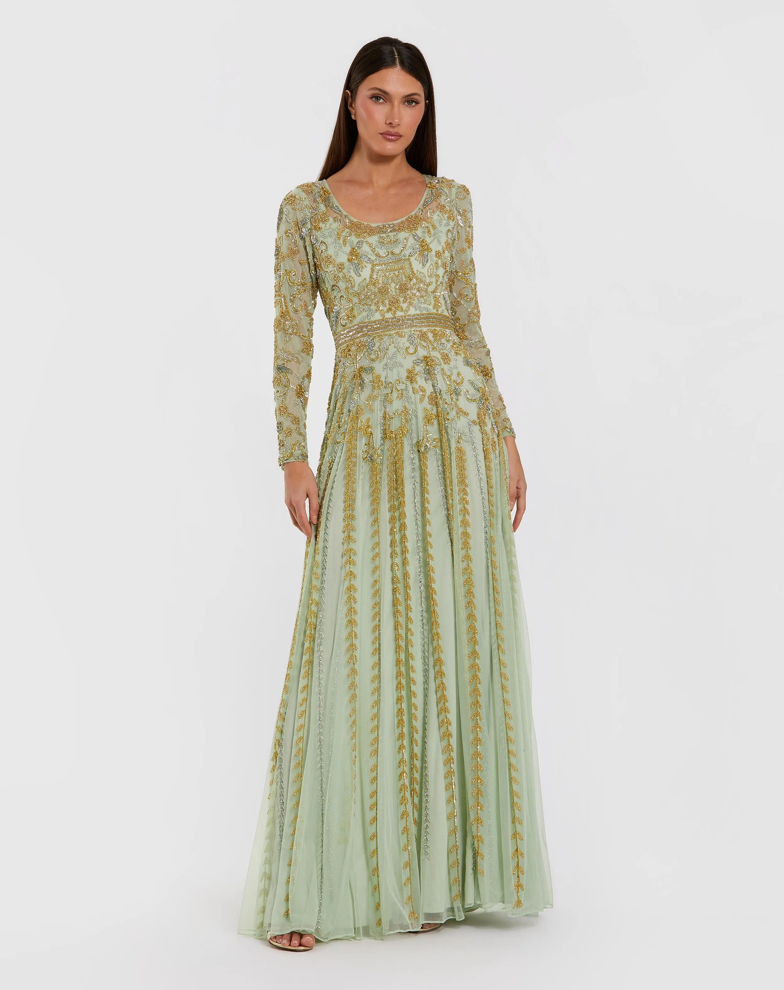 Green Beaded Long Sleeve Scoop Neck A Line Gown - Special Events Unlimited