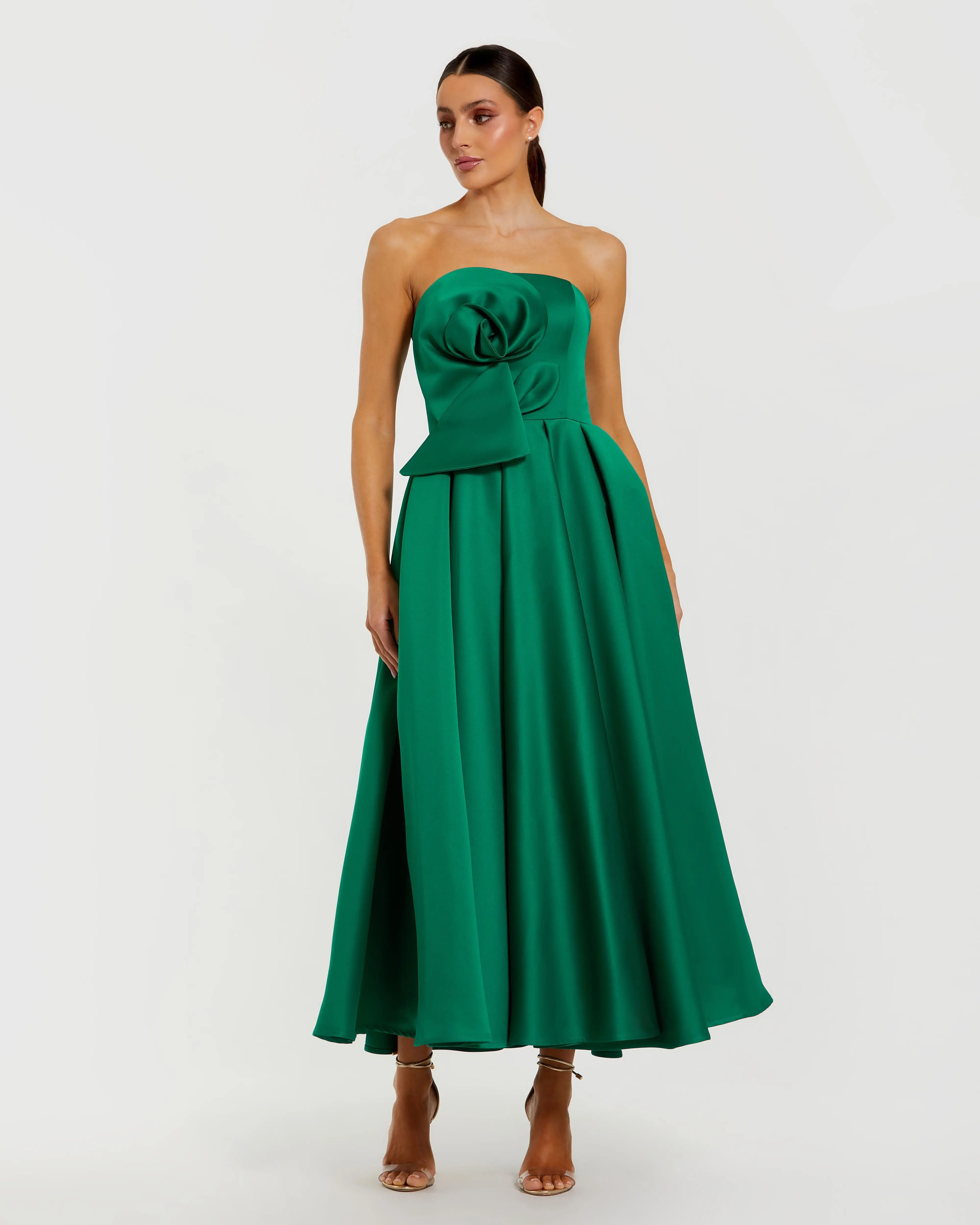 Green Strapless Satin A Line Midi Dress With 3D Flower - Special Events Unlimited