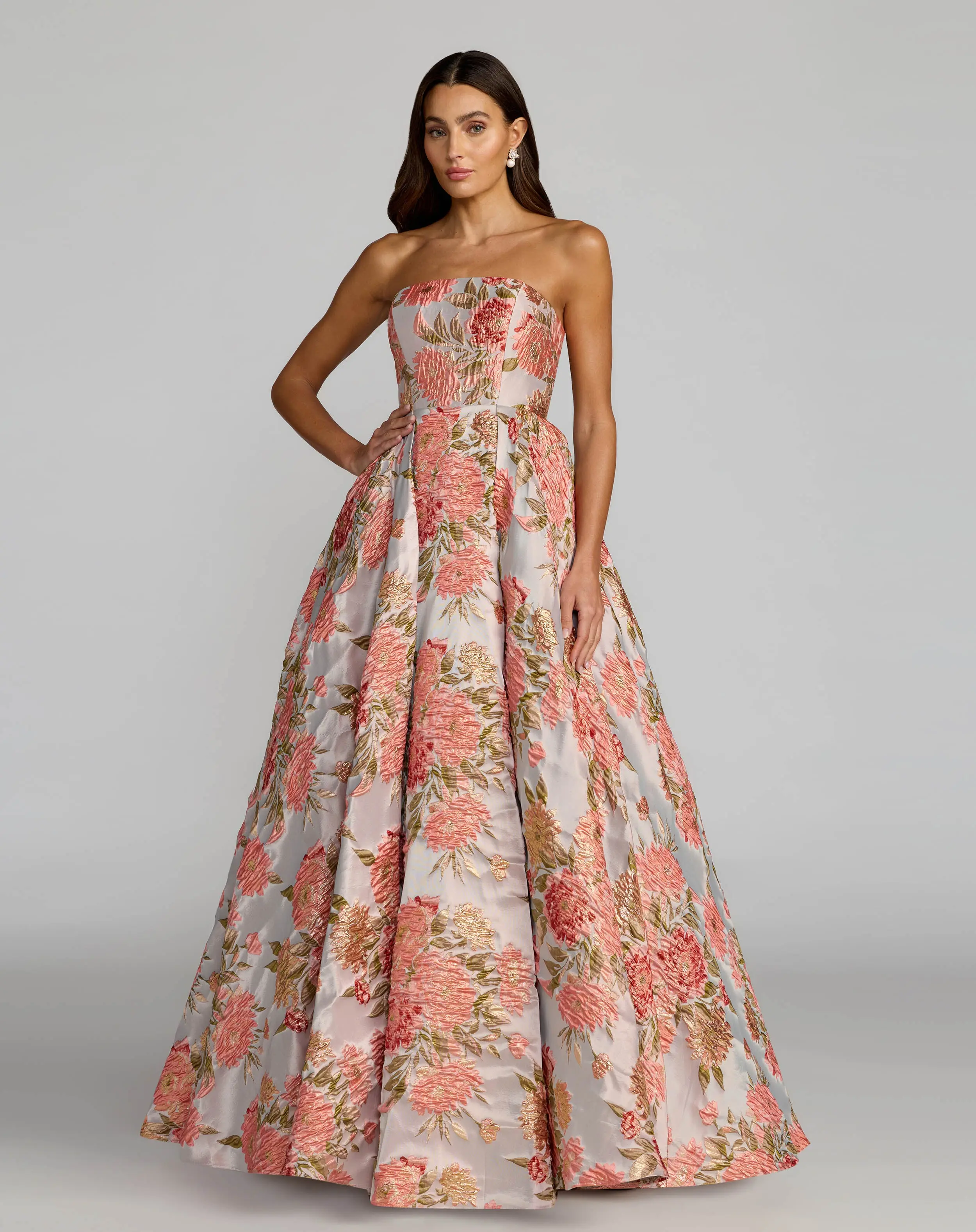 Pink Strapless Floral Brocade Ball Gown With Pockets - Special Events Unlimited