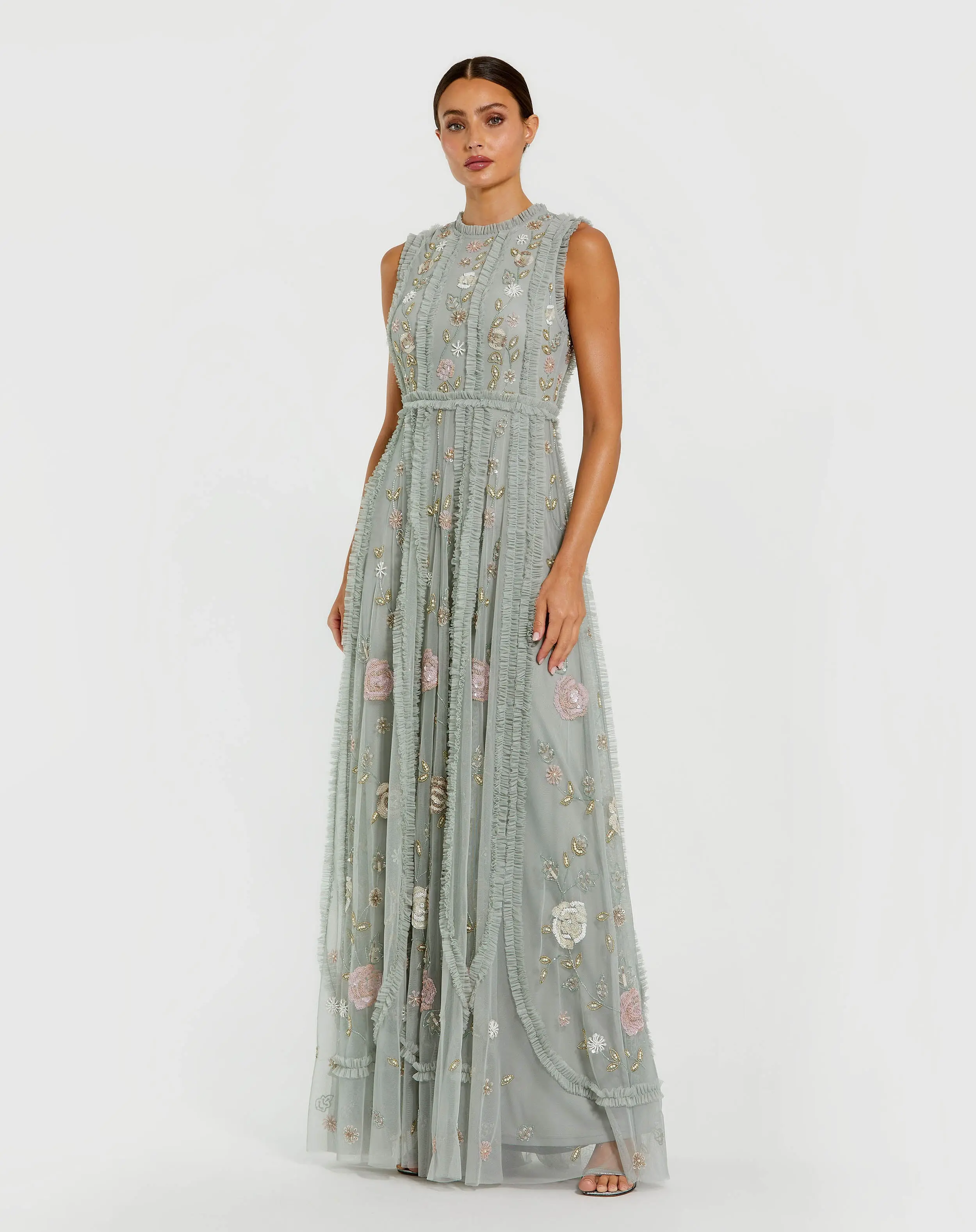 Petite Green Floral Mesh Sleeveless A Line Micro Ruffle Gown - Special Events Unlimited