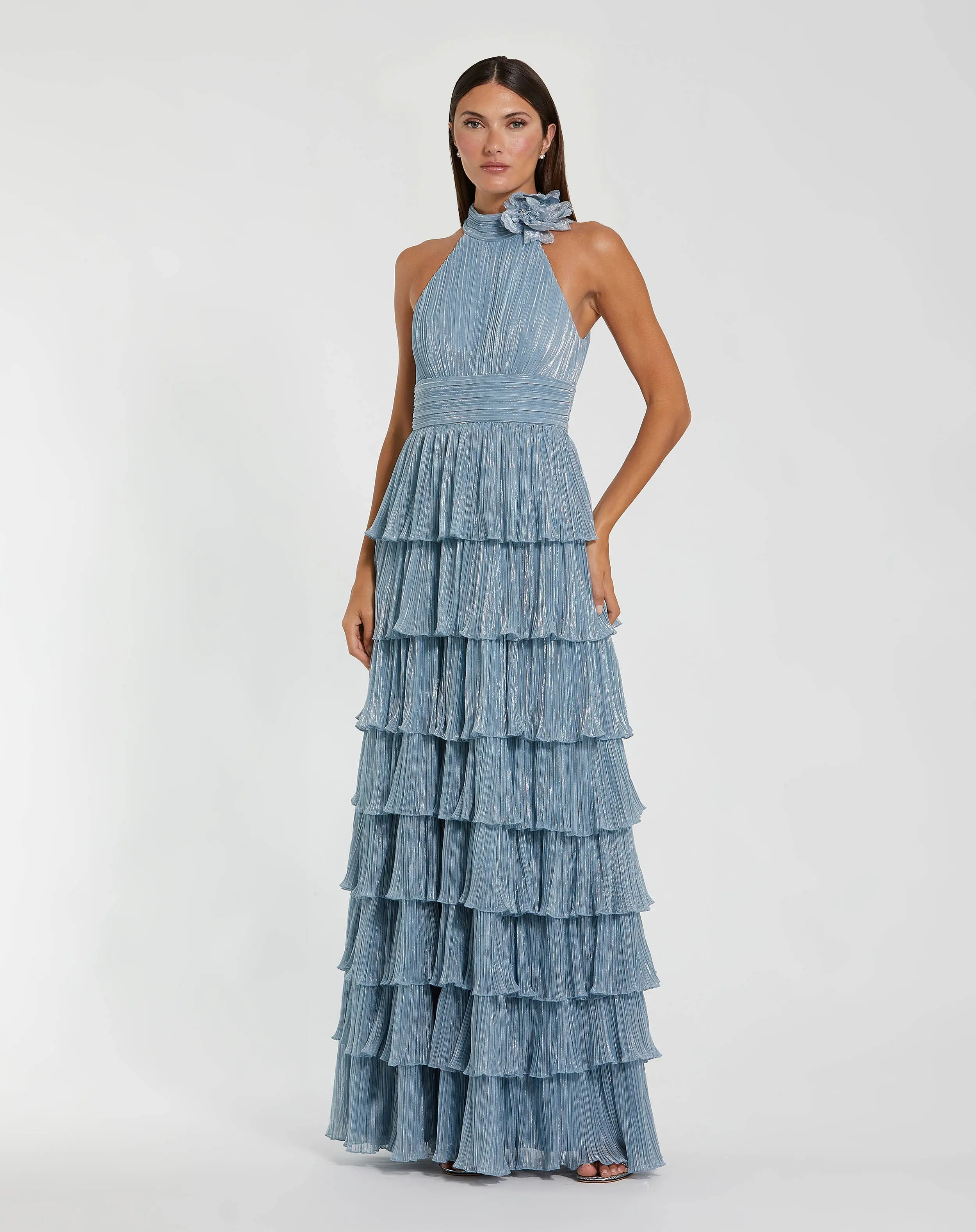 Blue Metallic Halter Neck Ruffle Gown With 3D Flower - Special Events Unlimited