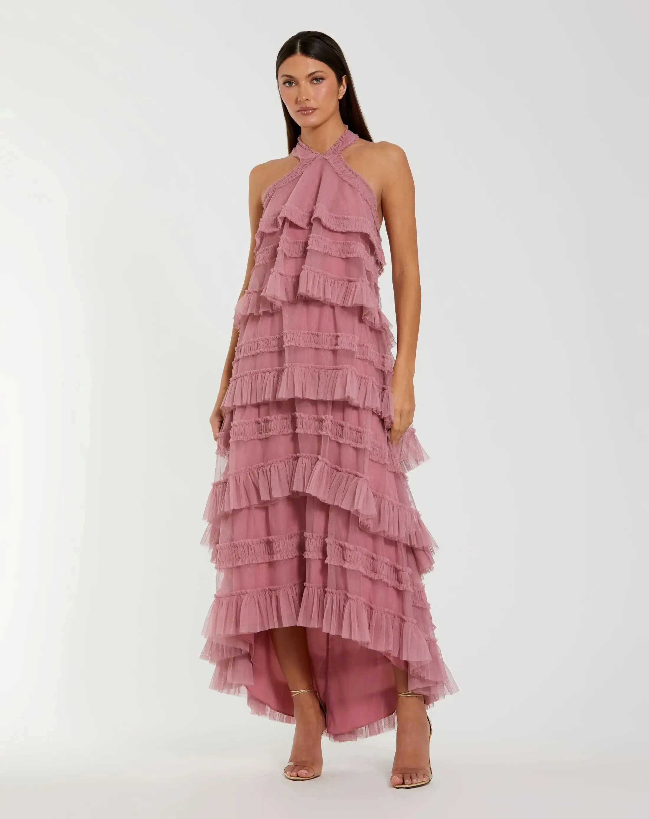 Pink Tiered Ruffle Halter Neck Midi Dress - Special Events Unlimited