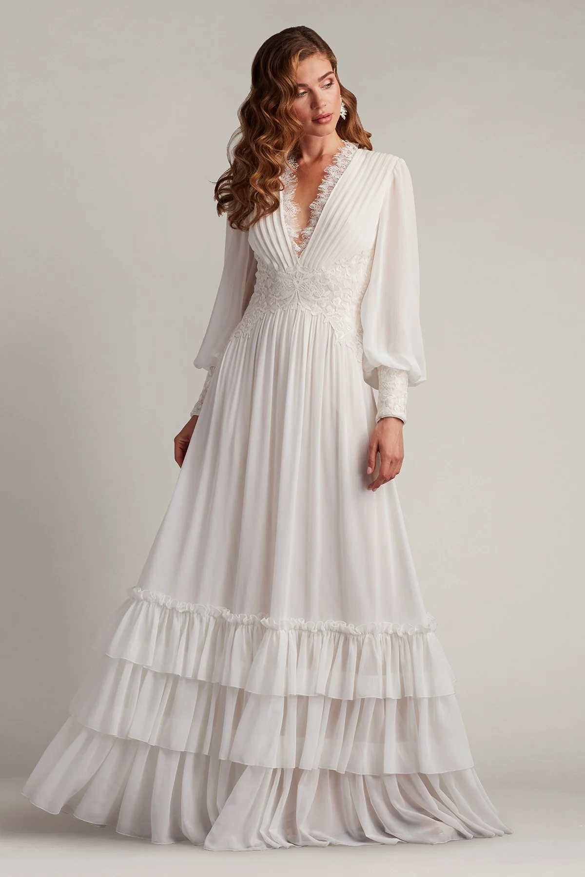 Topanga Tiered Bishop Sleeve Gown - Special Events Unlimited