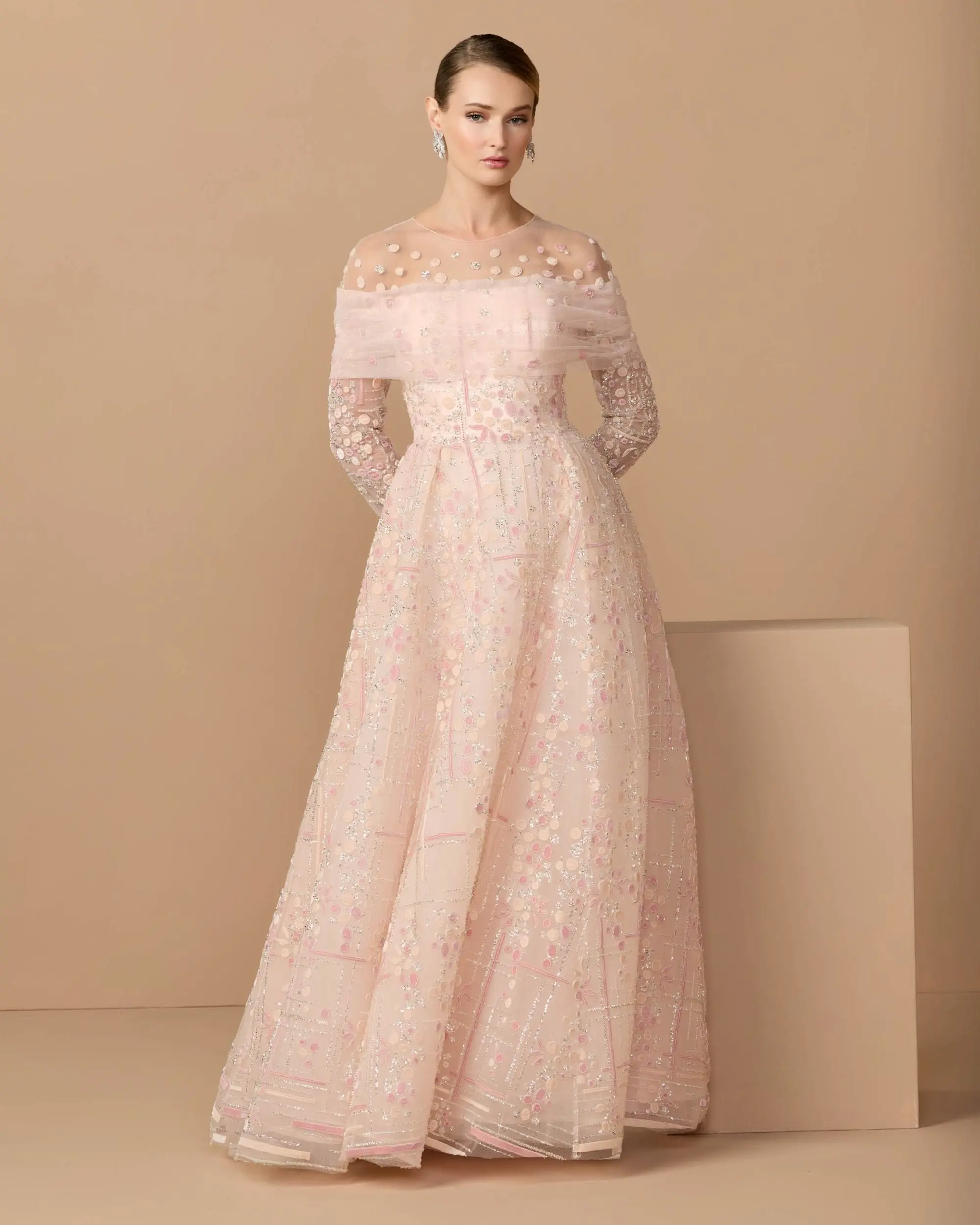 Pink Off The Shoulder Embellished Long Sleeve Ball Gown - Special Events Unlimited