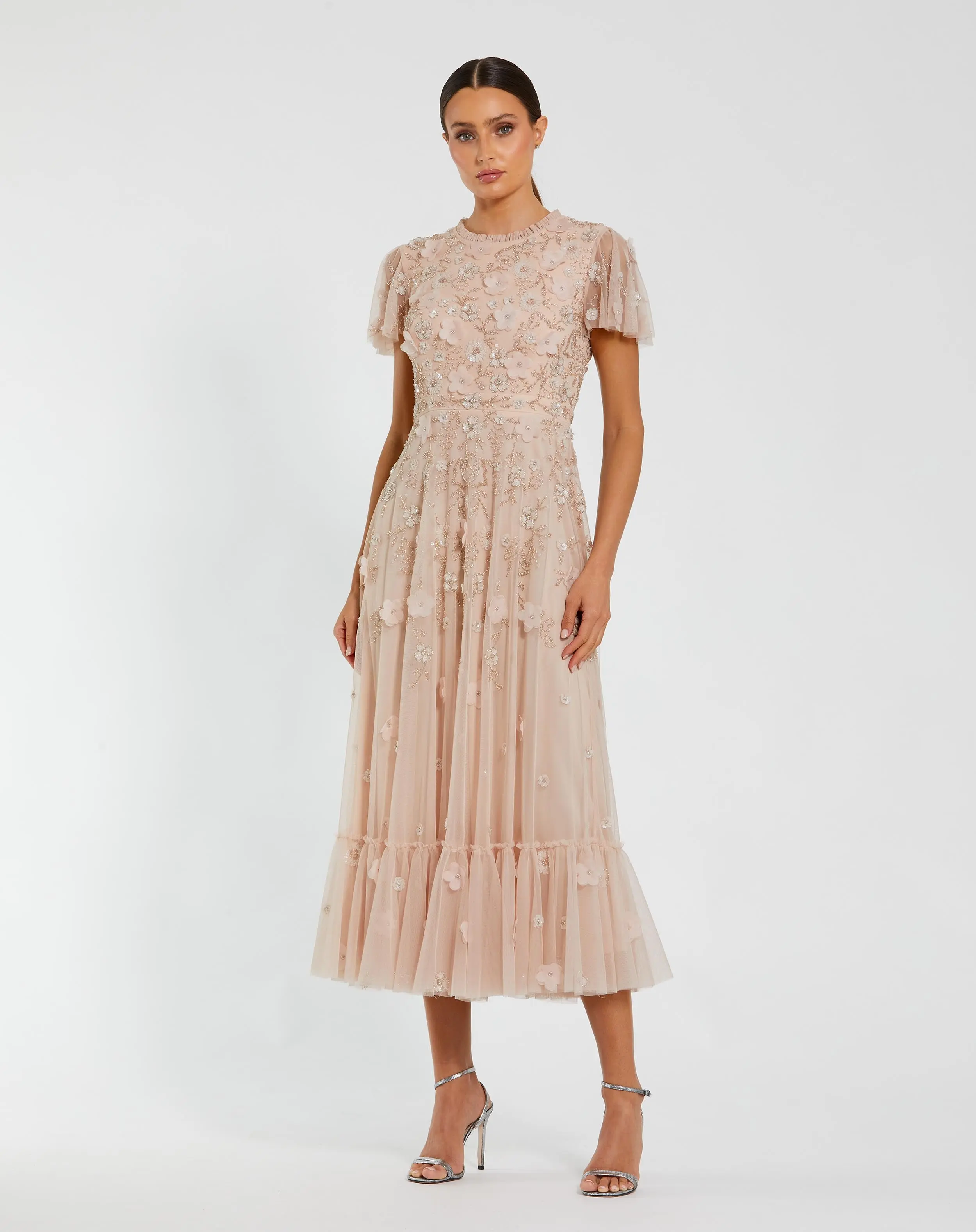 Light Pink Embellished High Neck Flutter Sleeve A Line Dress - Special Events Unlimited