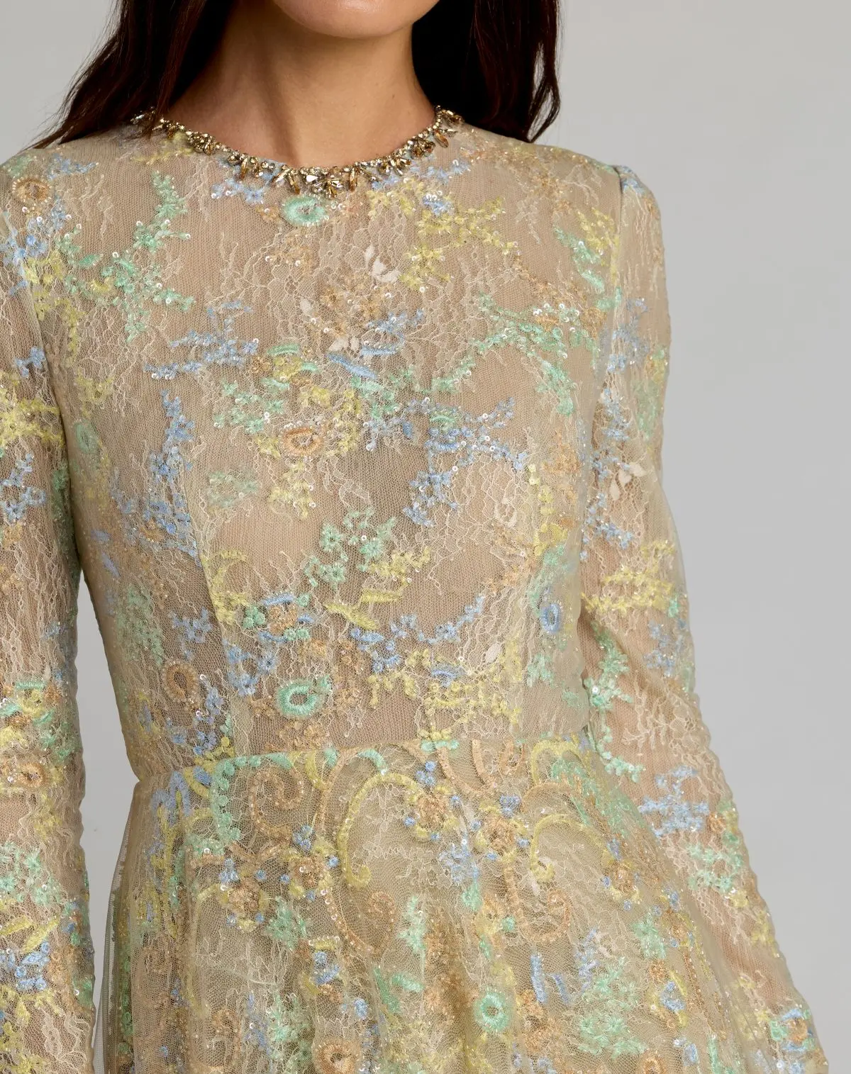 Beige Long Sleeve Embellished Lace A-Line Gown - Special Events Unlimited