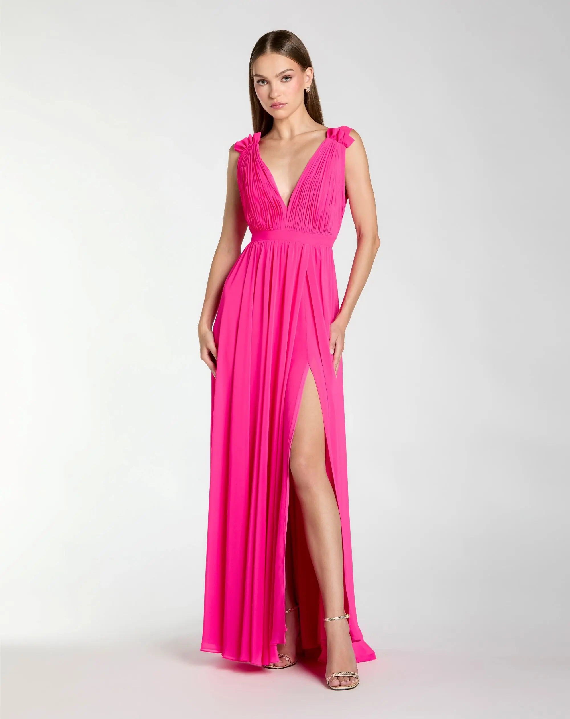 Pink Sleeveless Pleated Chiffon V-Neck Gown - Special Events Unlimited