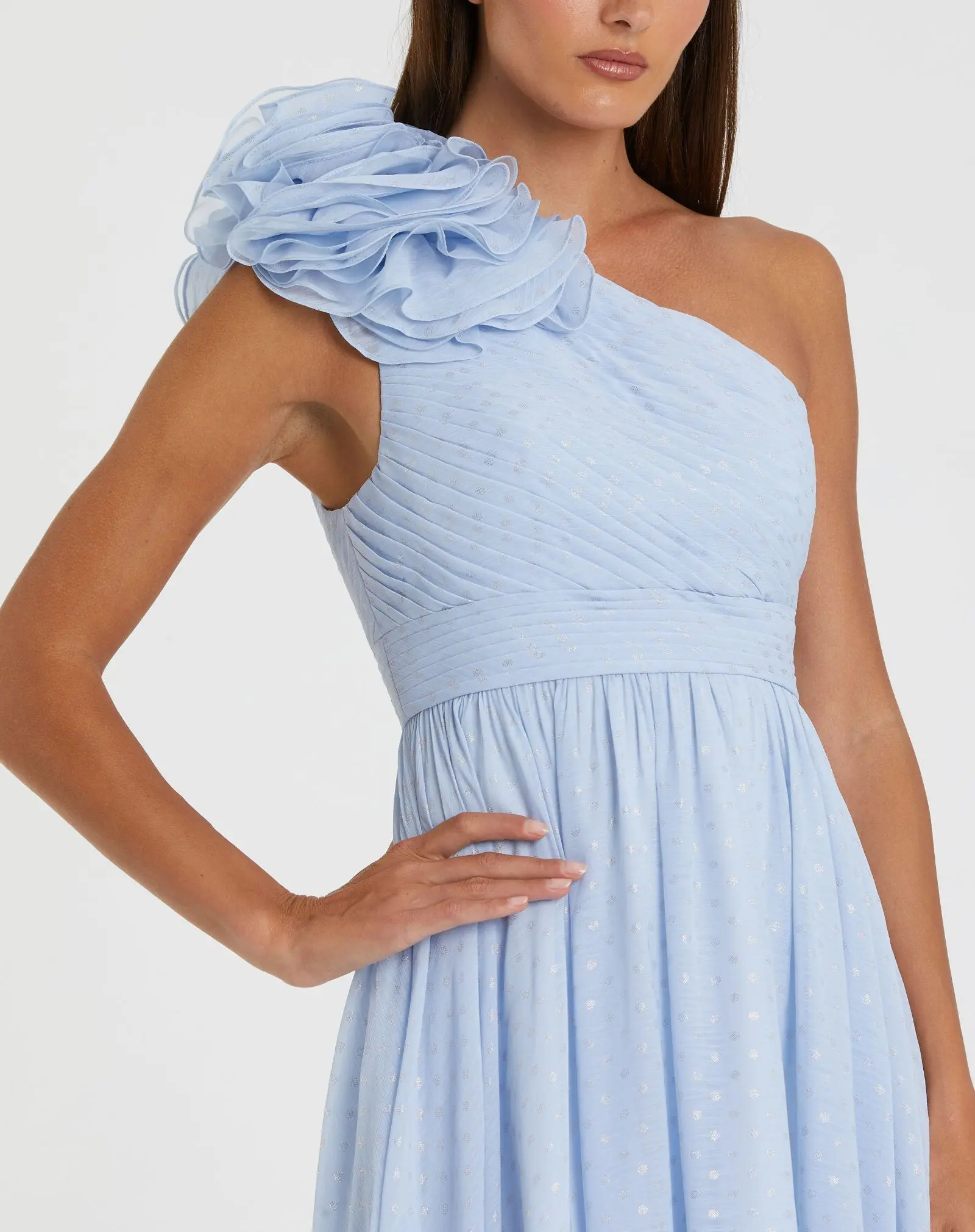 Blue One Shoulder Polka Dot Chiffon Gown With Ruffle Detail - Special Events Unlimited