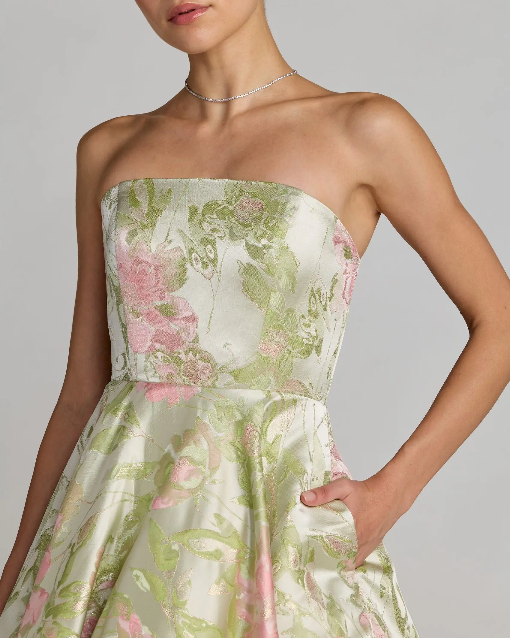 Green Floral Strapless A-Line Midi Dress - Special Events Unlimited
