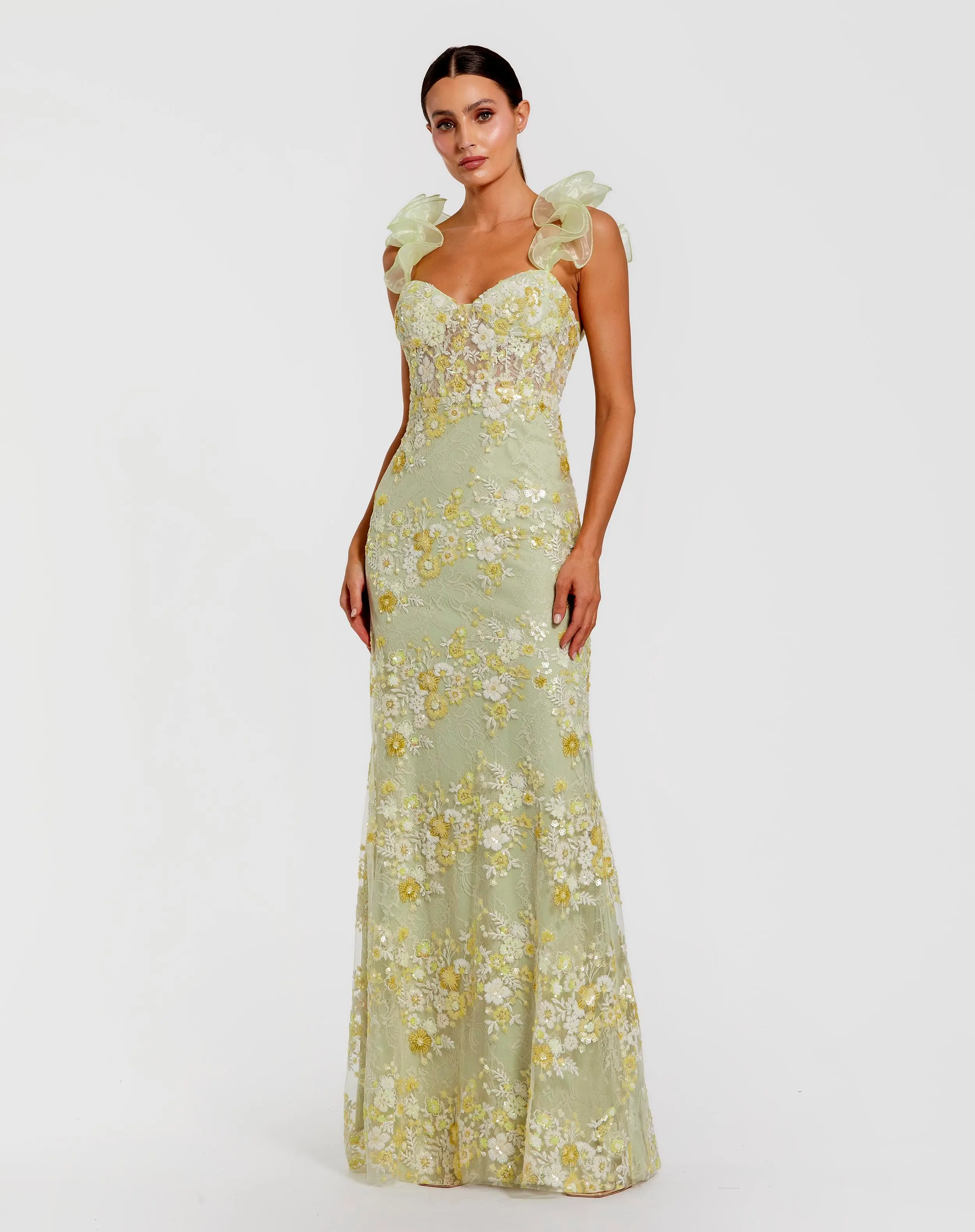 Green Embroidered Lace Floral Gown with Ruffle Straps - Special Events Unlimited