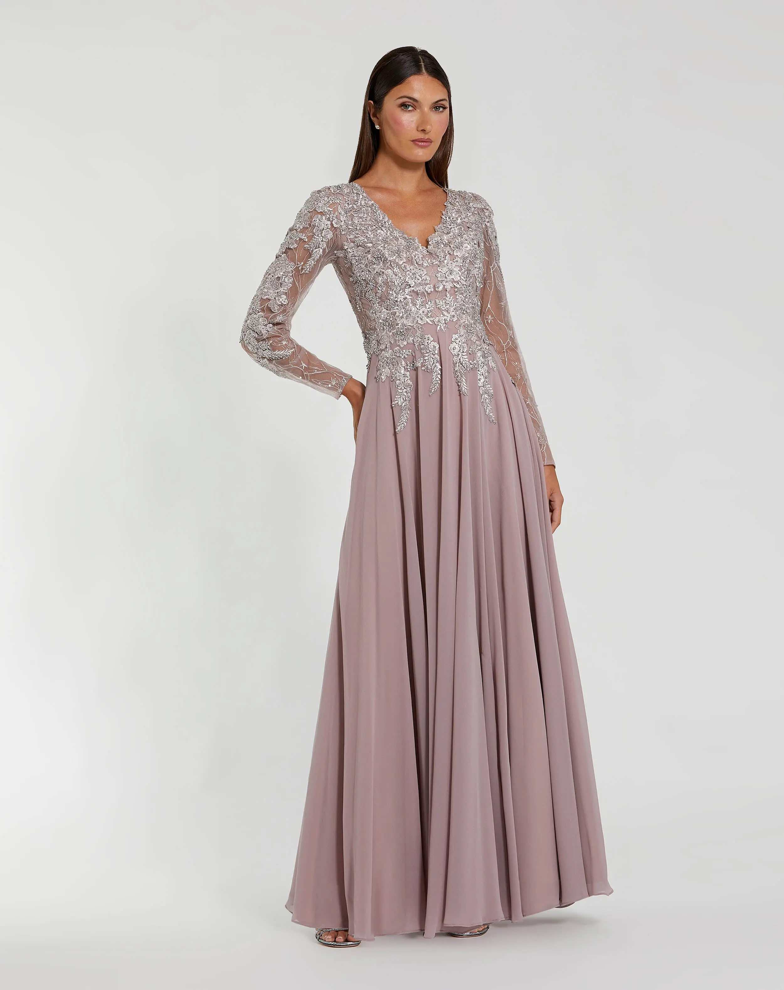 Purple Embellished Illusion V Neck Long Sleeve Gown - Special Events Unlimited