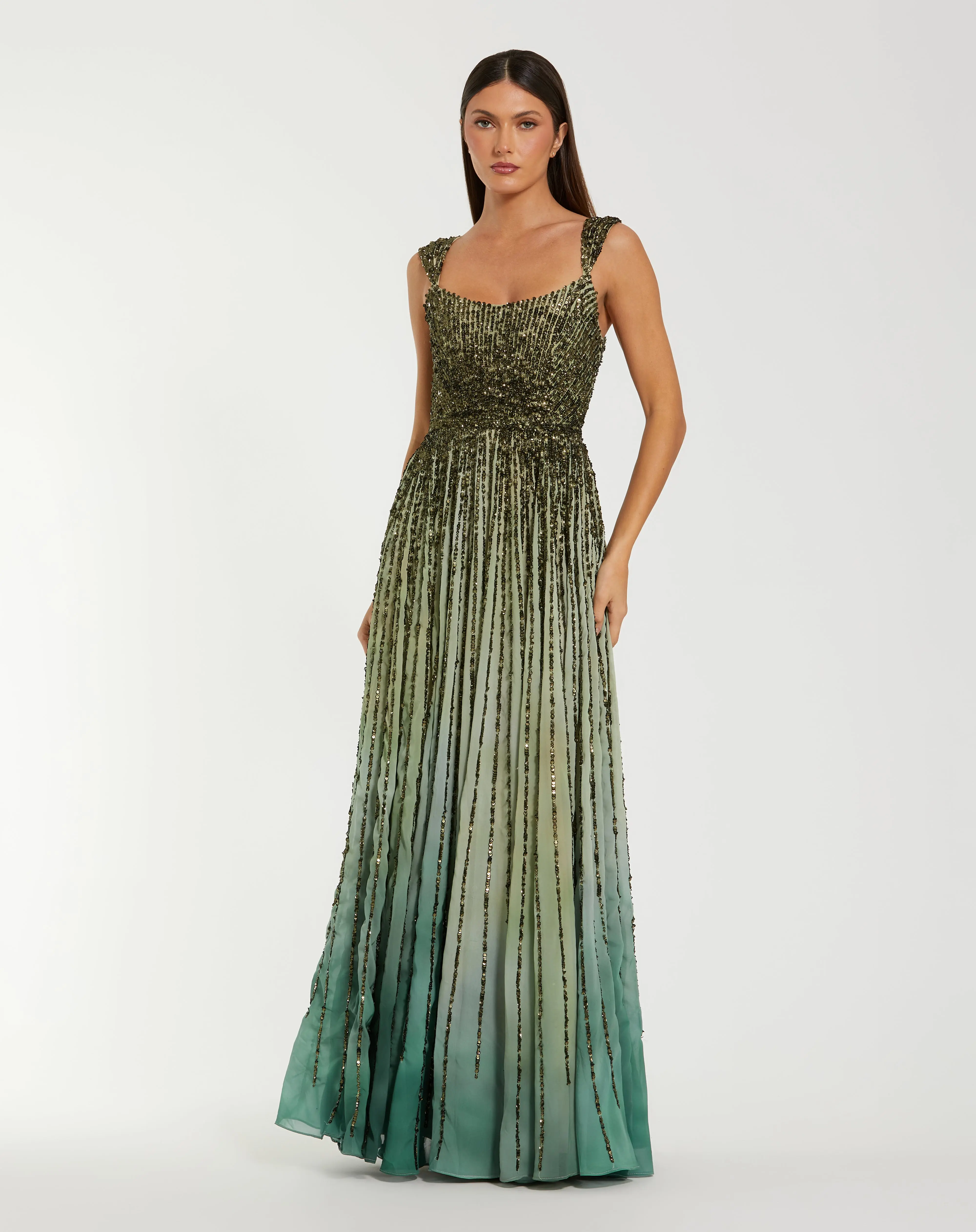 Green Sleeveless Sequin A Line Ombre Gown - Special Events Unlimited
