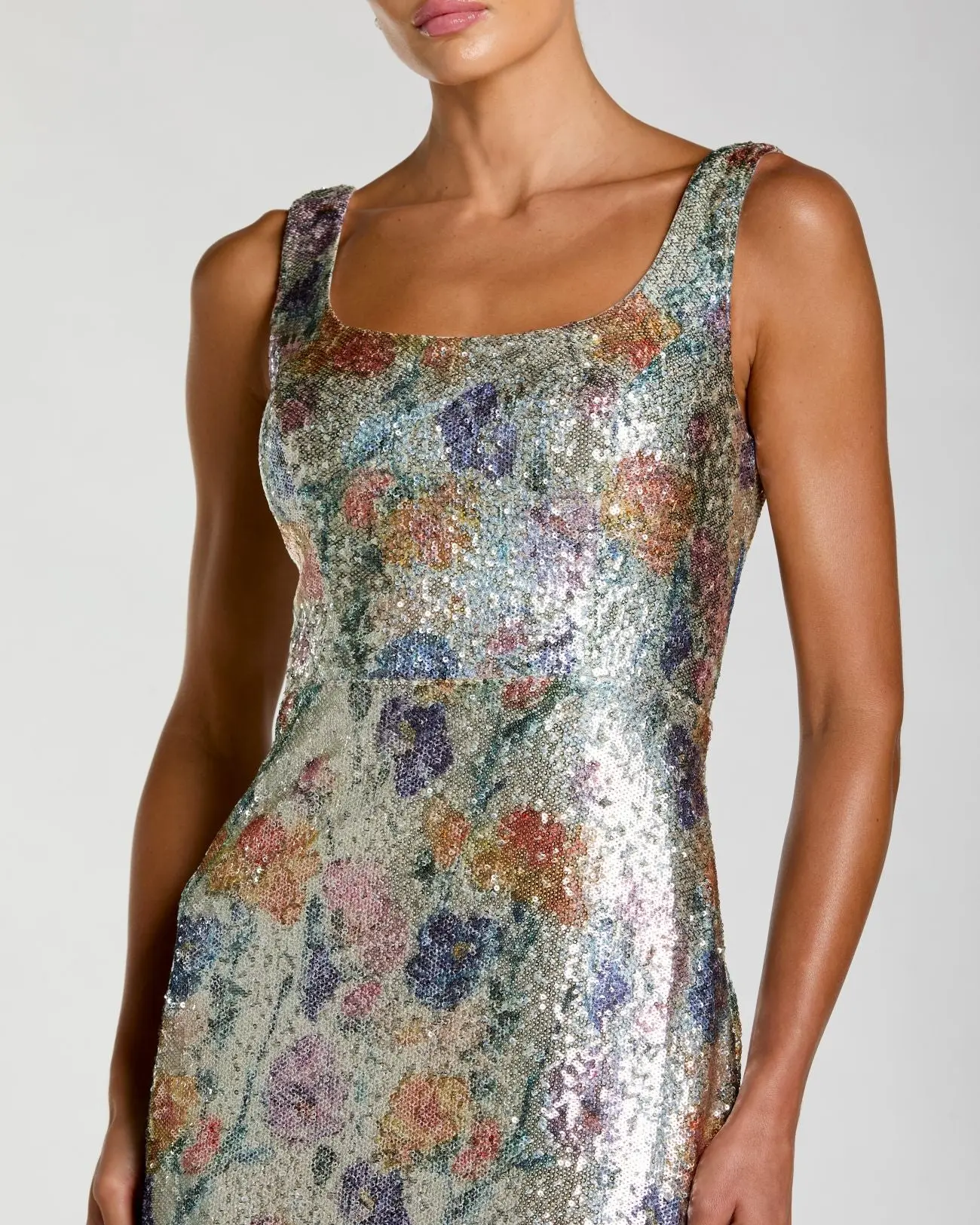 Silver Sleeveless Floral Sequin Gown - Special Events Unlimited
