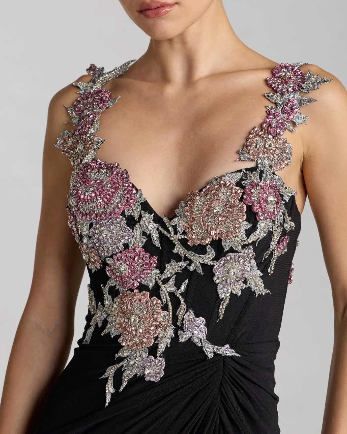 Black Sweetheart Jersey Gown With Beaded Flowers - Special Events Unlimited