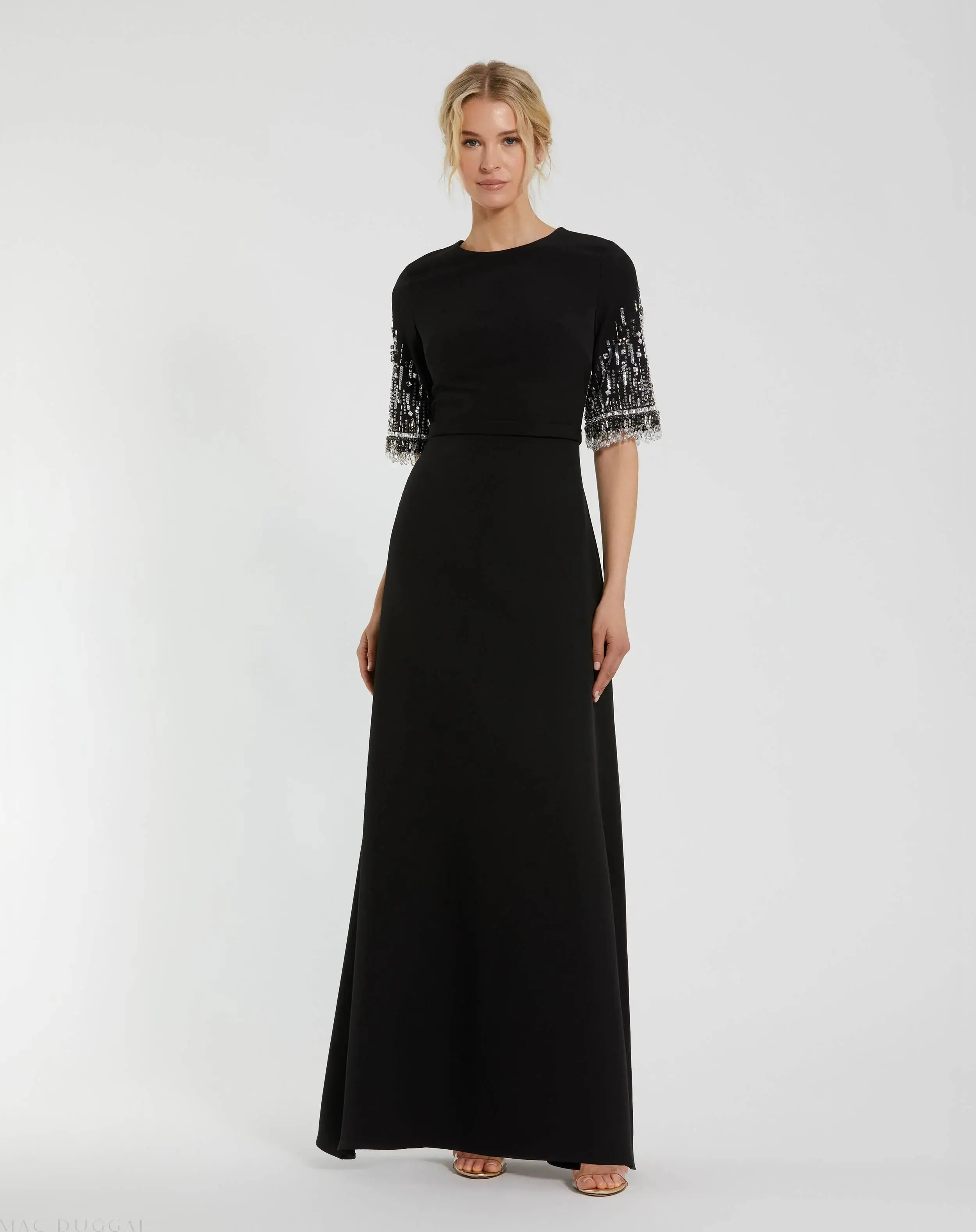 Black Crepe A Line Gown With Beaded 3/4 Sleeves - Special Events Unlimited