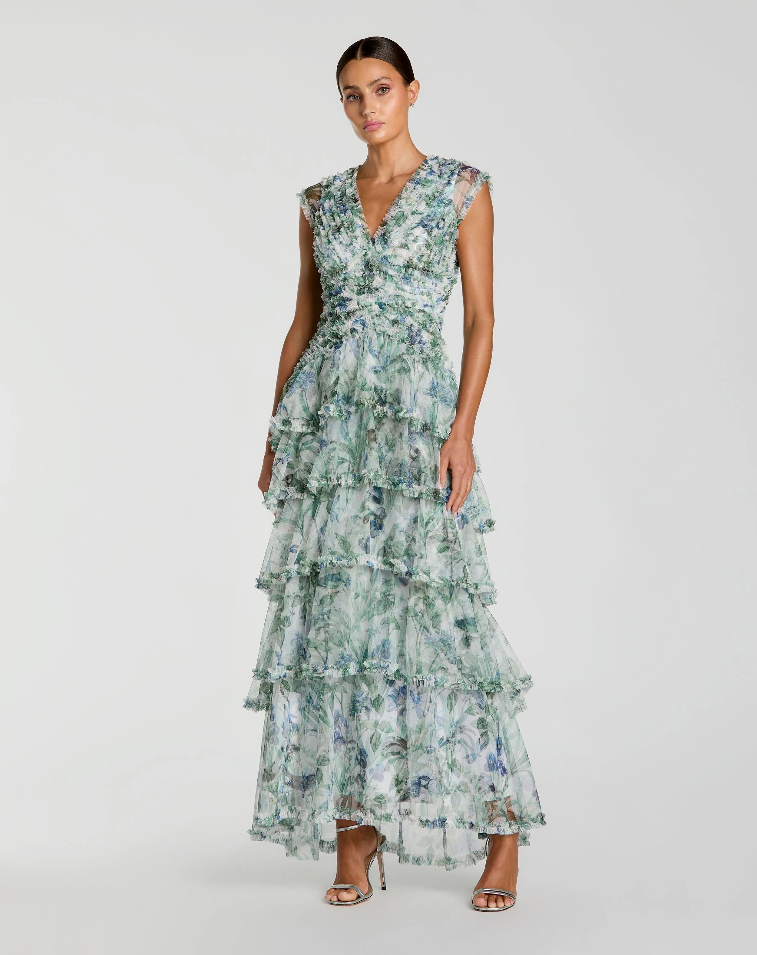 Blue Floral V Neck Tiered Ruffle Maxi Dress - Special Events Unlimited