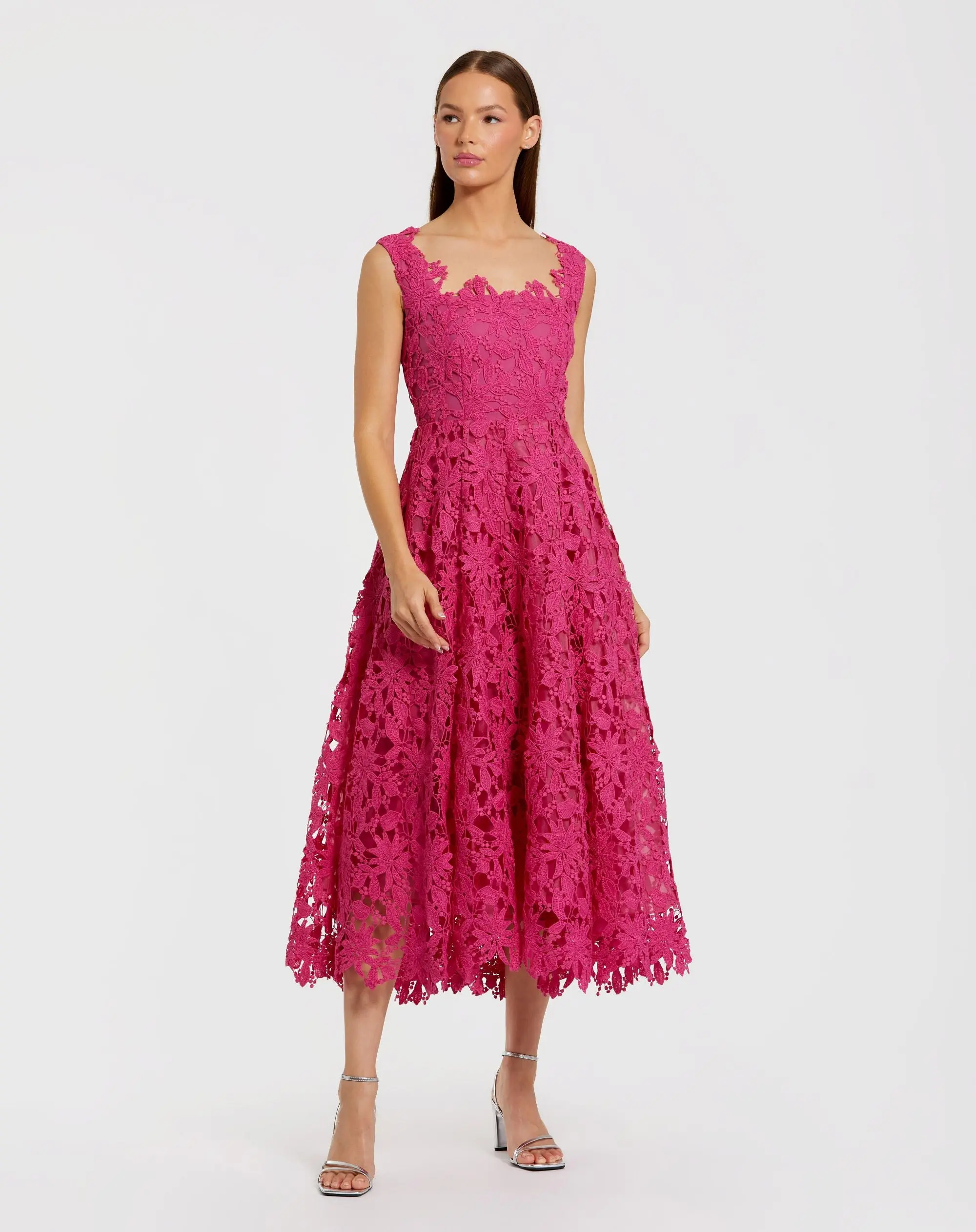Pink Sleeveless Embroidered Lace A Line Midi Dress - Special Events Unlimited