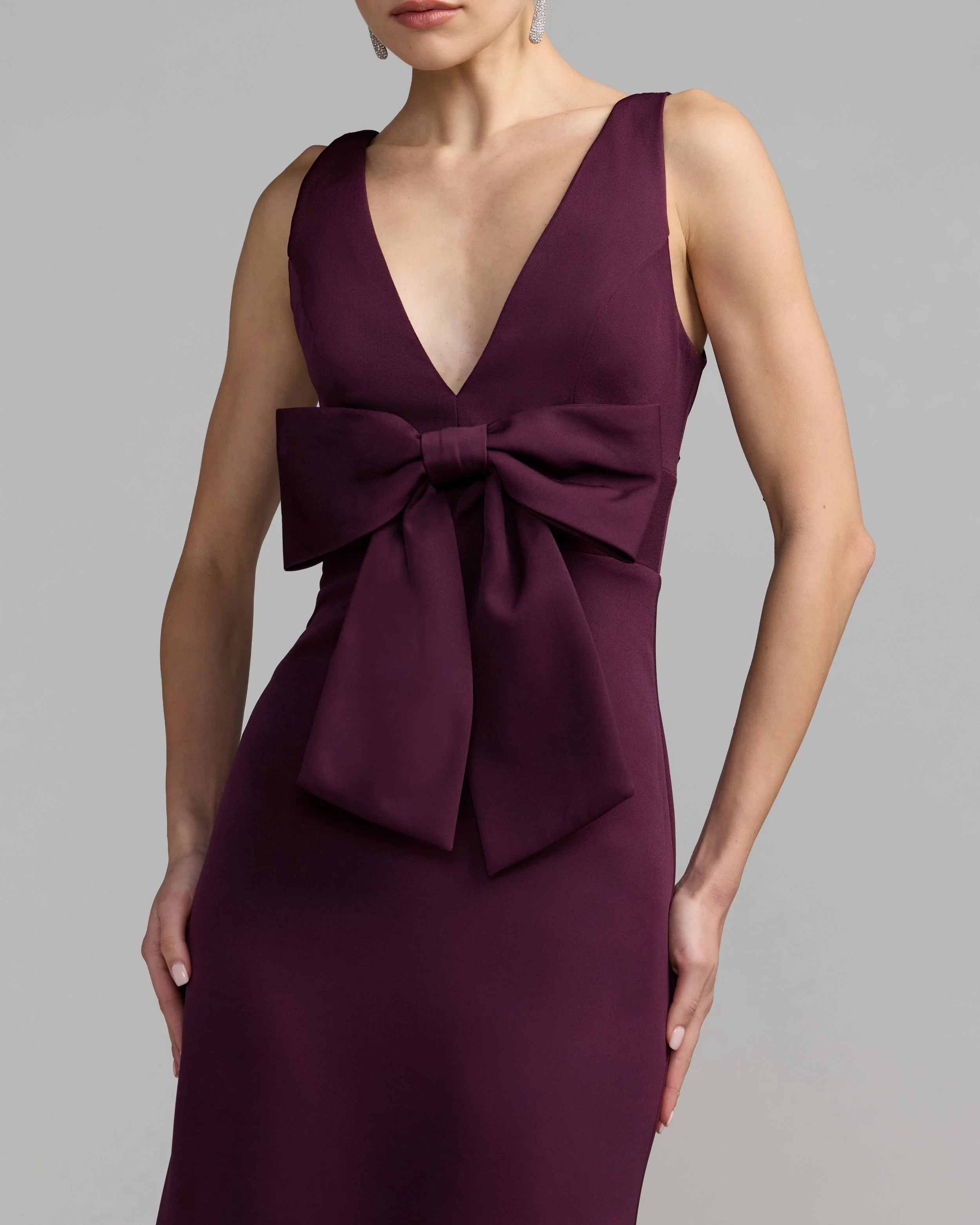 Purple Crepe Sleeveless V-Neck Gown with Bow - Special Events Unlimited