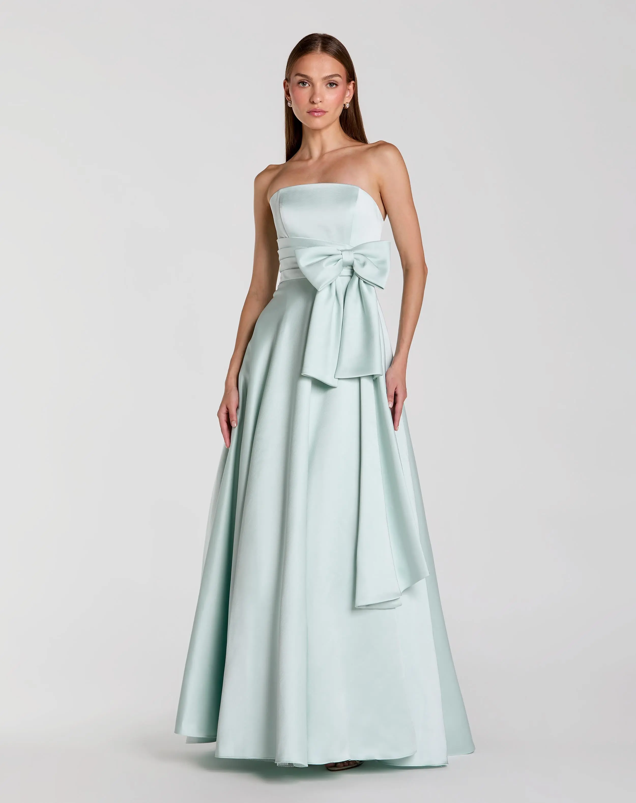 Green Strapless Satin Ball Gown With Bow Detail - Special Events Unlimited