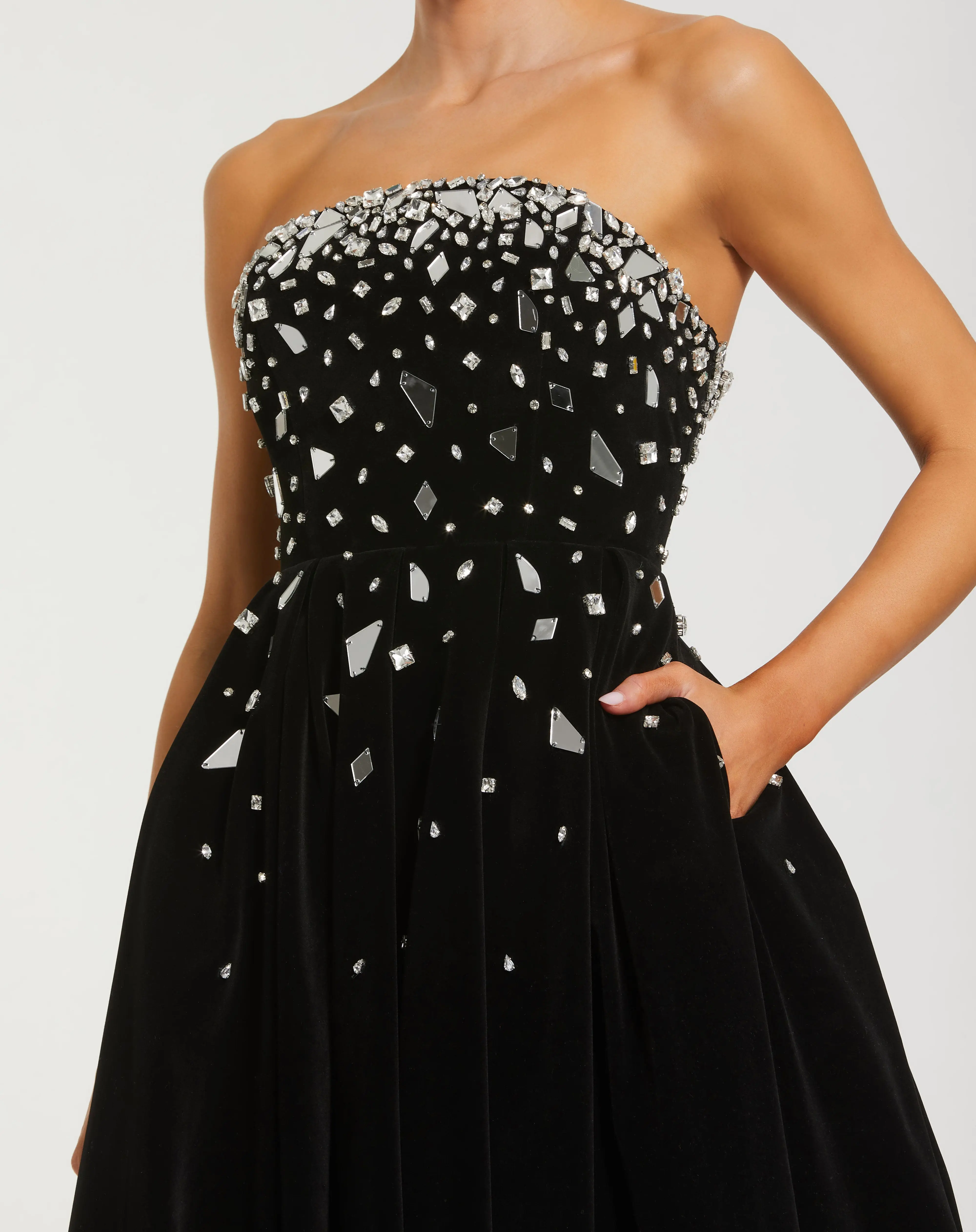 Black Velvet Strapless A-Line Midi Dress with Embellishments - Special Events Unlimited